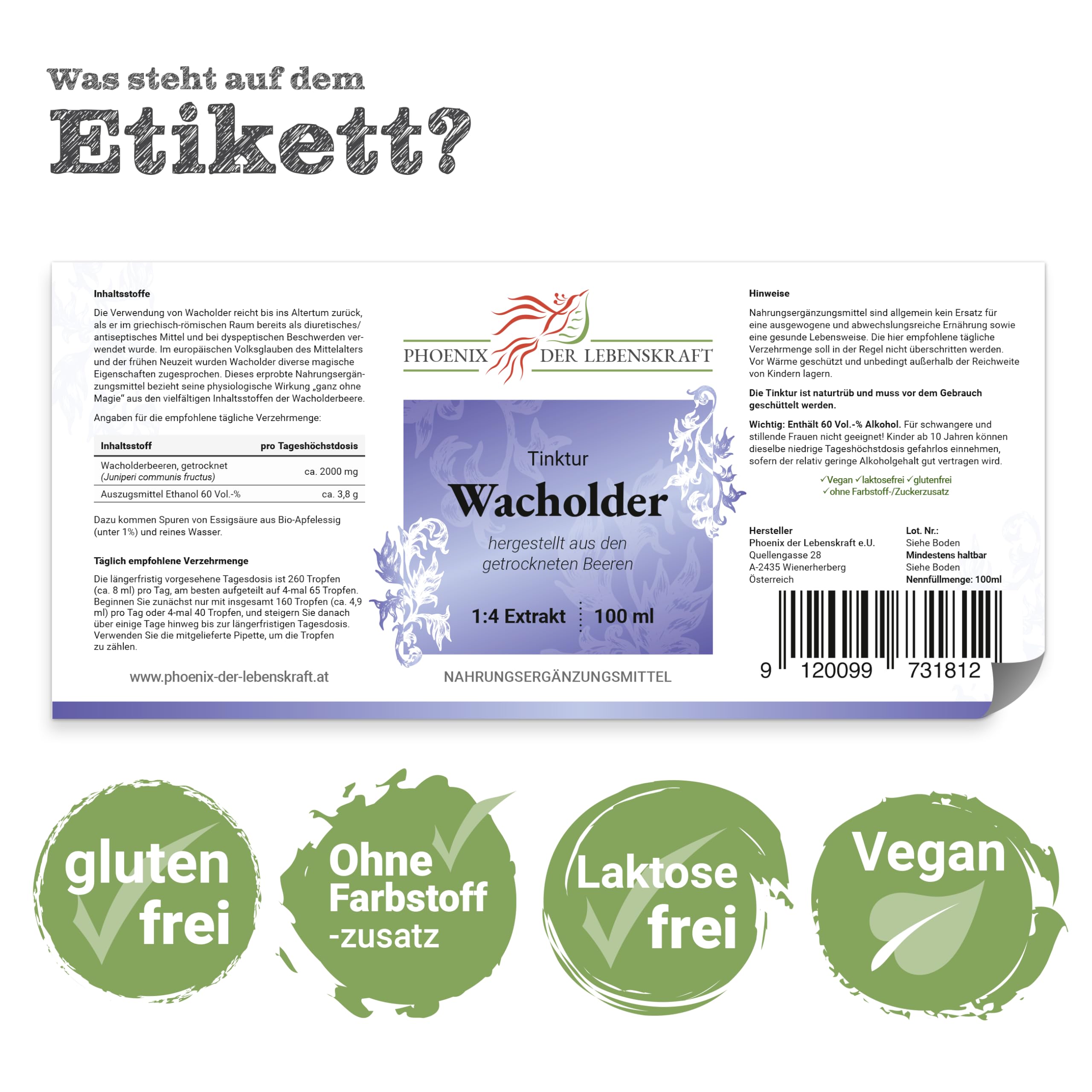 Wacholder Tinktur, 100 ml, Juniperus communis Tropfen (1:4 Extrakt), Premium Qualität, Hergestellt in Österreich, Nahrungsergänzungsmittel, Vegan