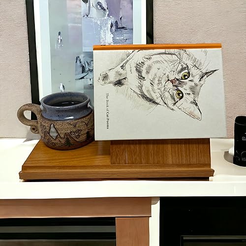 Vista 9 de Soporte triangular de madera para libros montado listo para regalar 4 en 1 Soporte para tableta/dispositivo con portavasos Accesorios únicos