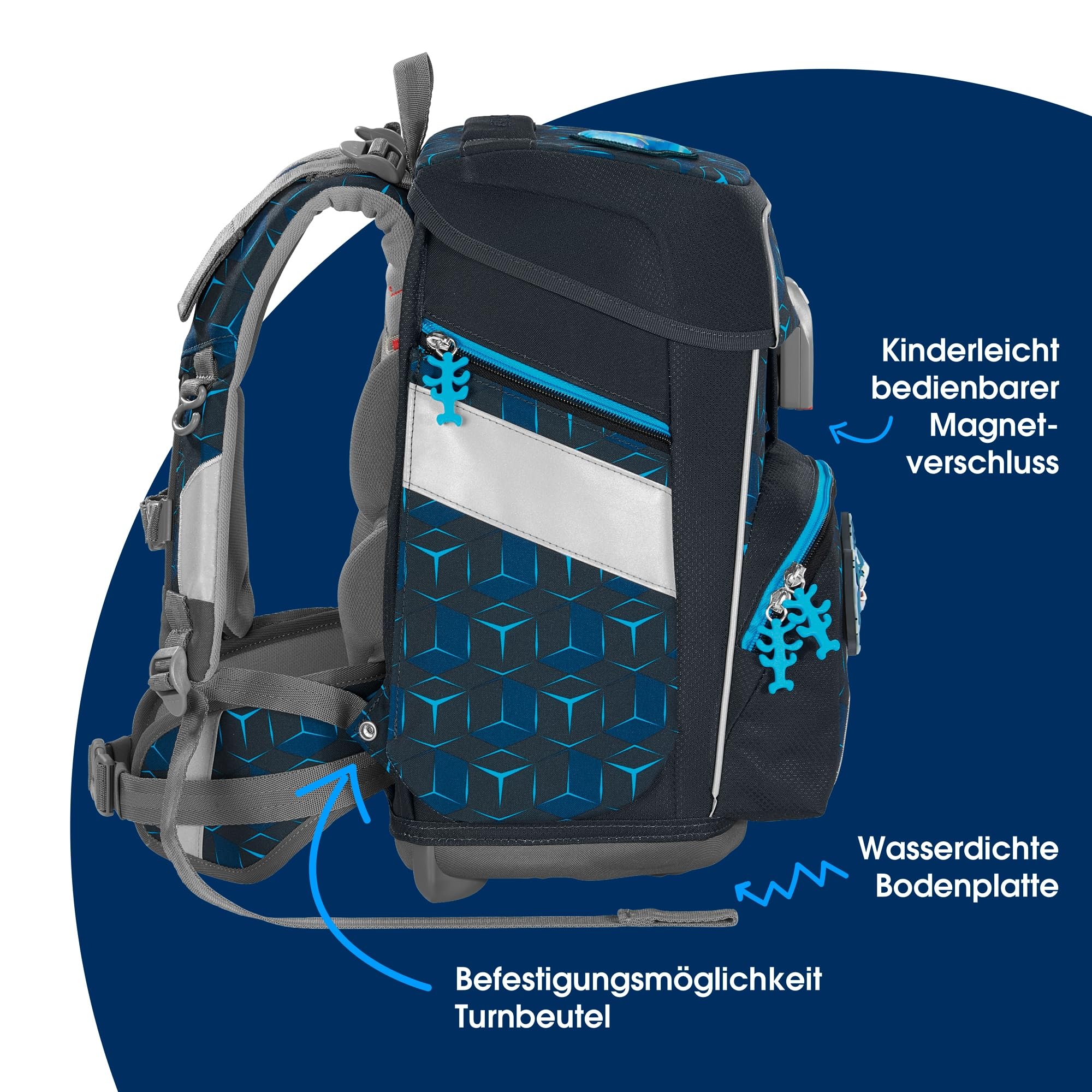 Step by Step Schulranzen-Set Space Shine „Shark Dexter“ 5-teilig, ergonomischer Tornister aus reflektierendem Material, höhenverstellbar, ab 1. Klasse, 20L, blau-schwarz, Hai
