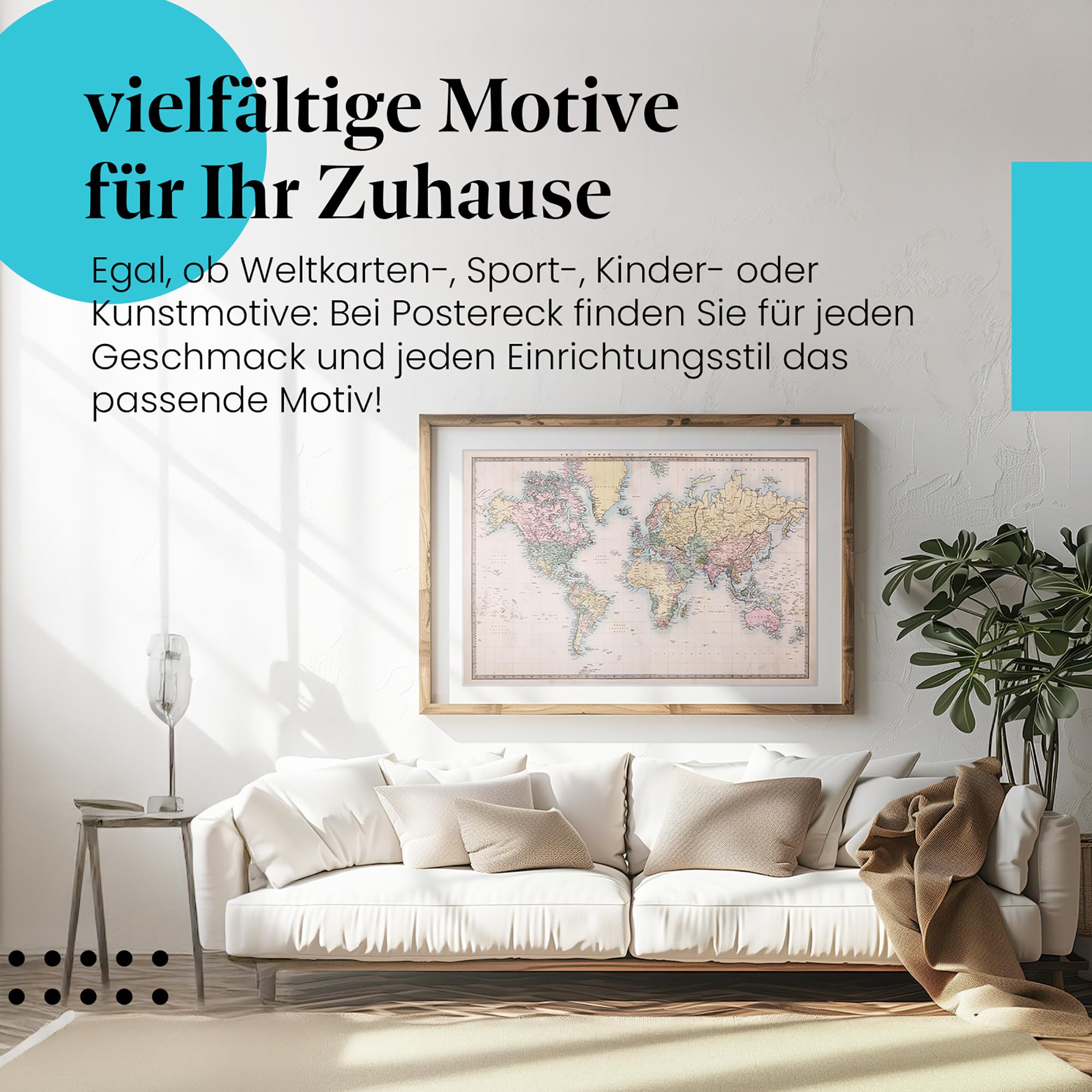 Postereck - 0557 - Historische Weltkarte, Vintage Kontinente Bunt - Unterricht Klassenzimmer Schule Wandposter Fotoposter Bilder Wandbild Wandbilder - Leinwand - 100,0 cm x 75,0 cm