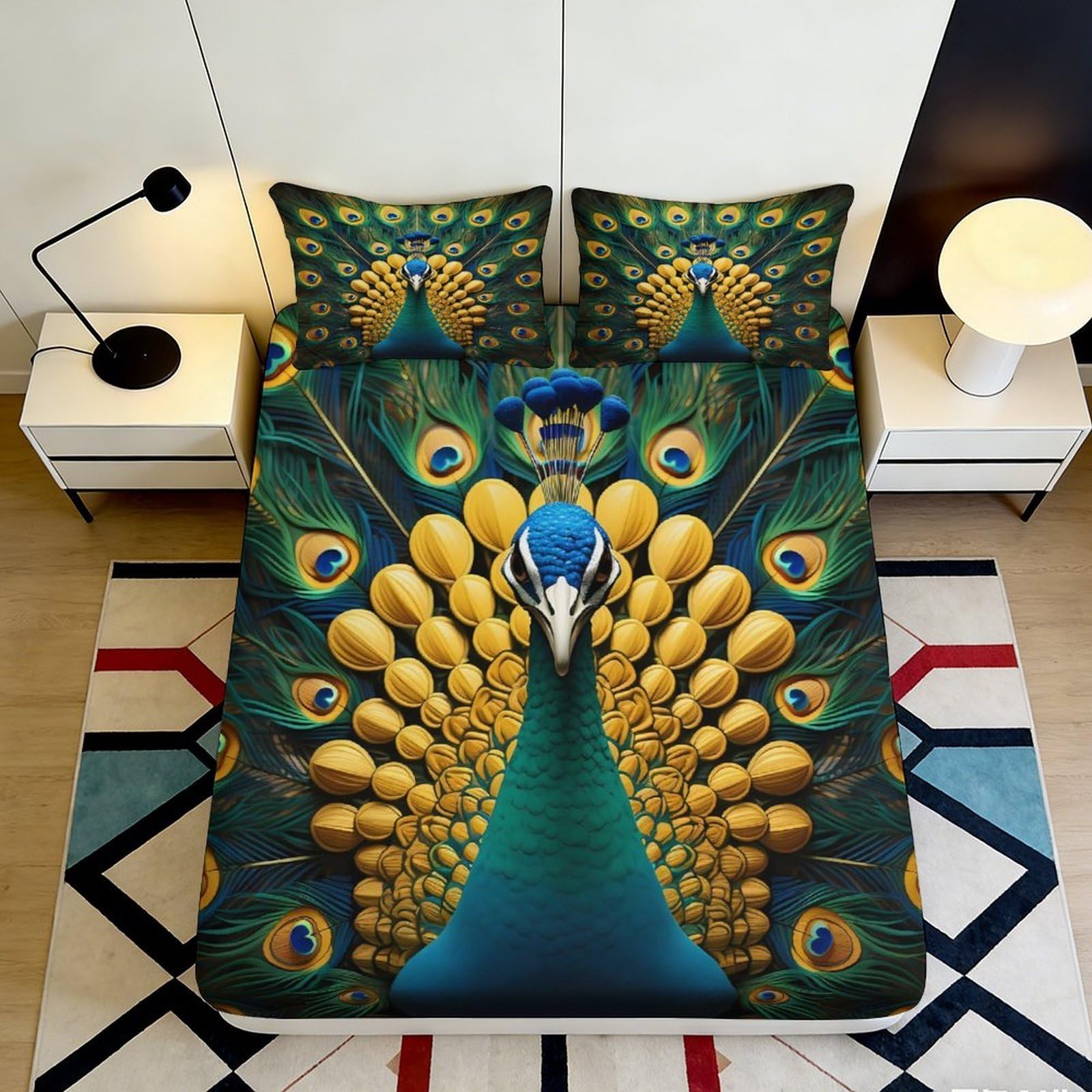 3D Printed Peacock Feather Fitted Sheet Microfiber Soft Breathable Vibrant Animal Print Mattress Cover for Bedroom Dormitory Guest Room Protective Decor 140x200x25cm