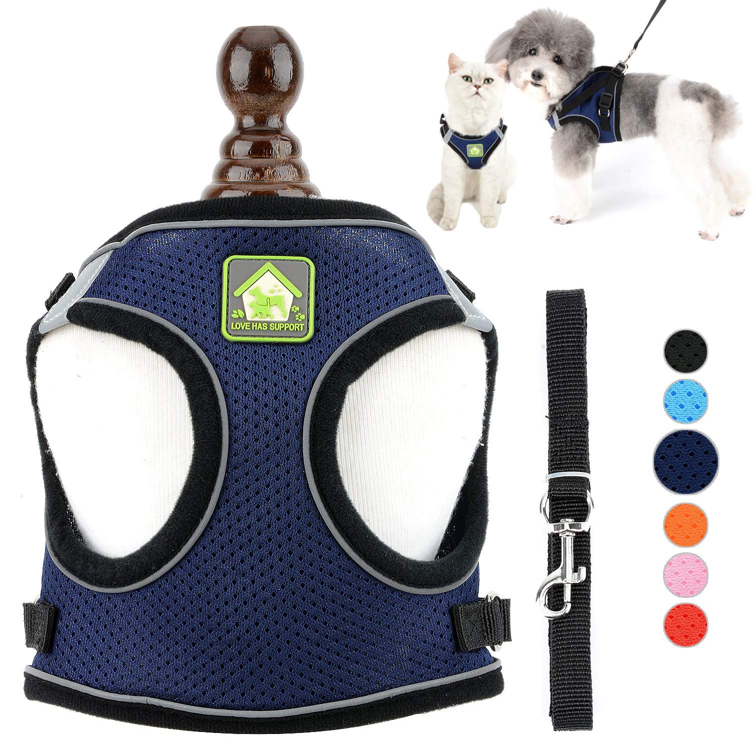 Ranphy Escape Proof Small Dog Harness and Lead Set Adjustable Puppy Cat Step In Mesh Vest No Pull Reflective Solid Color Soft Breathable Pet Harnesses for Walking Outdoor Training Darkblue XL