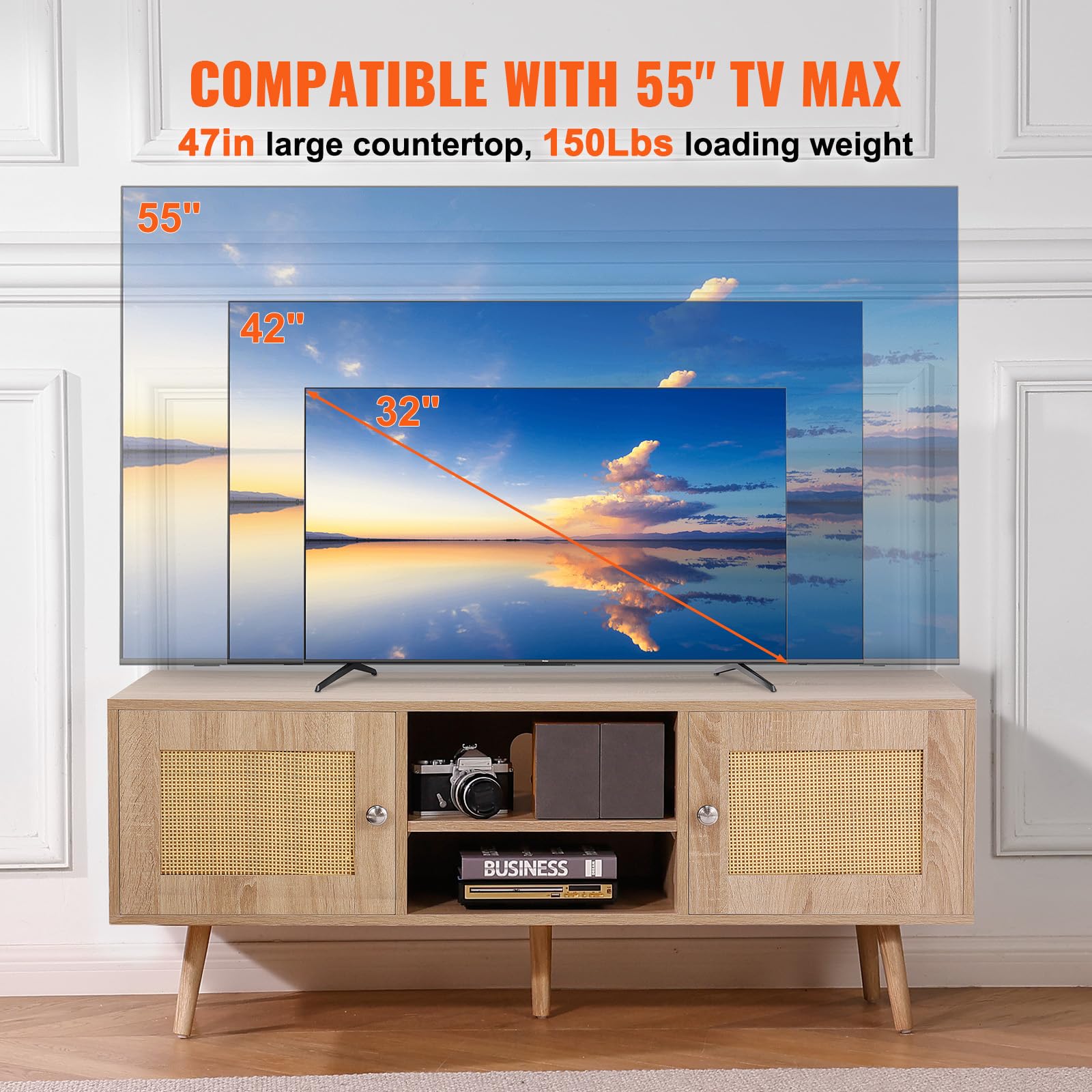 VEVOR Rattan-TV-Ständer, Fernsehschrank Boho-TV-Schrank für 140 cm Fernseher, Retro-TV-Ständer, Rattan-TV-Konsole mit verstellbaren Regalen & 2 Türen, für Wohnzimmer, Medienraum, Eiche