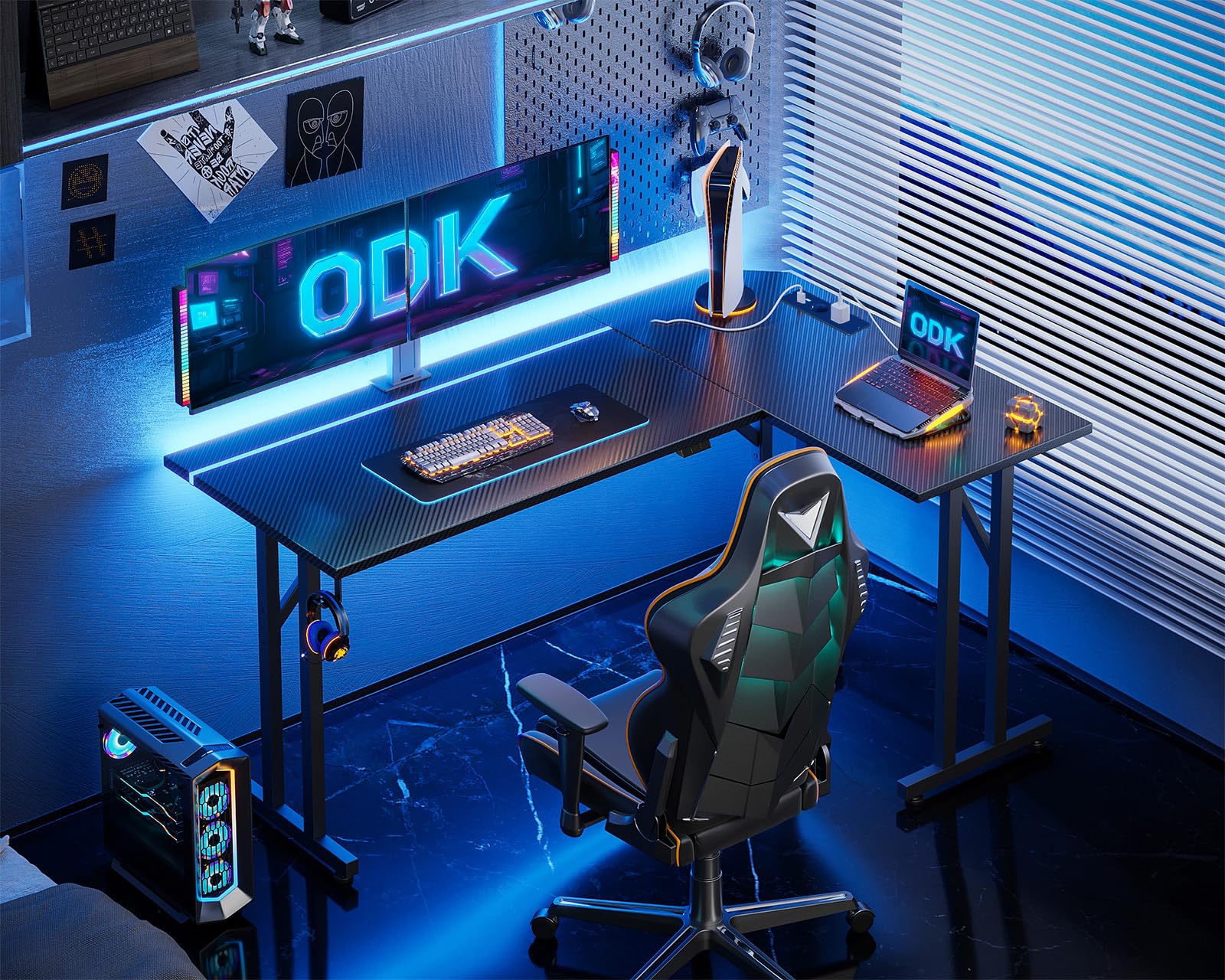 ODK Scrivania Gaming Led con Porta E presa Di USB, Postazione Gaming con Gancio per Cuffie, Tavolo Gamer con Piano Del Tavolo in Fibra di, Scrivania Gamer Angolare Carbonio Nera 130×90 cm