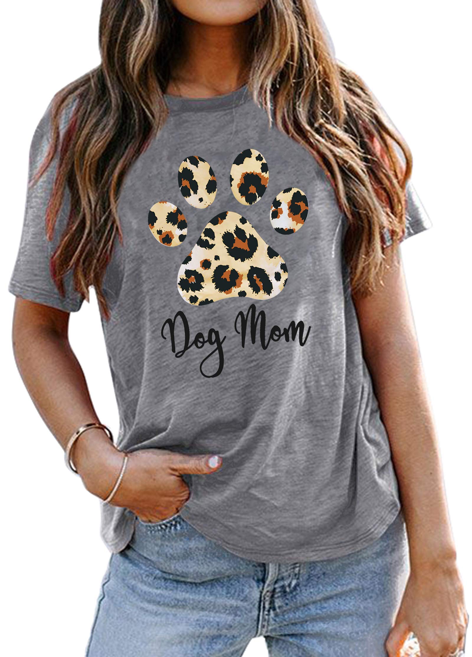 LHBNKDog Mom Shirt Women Funny Leopard Print Dog Mama T-Shirt Cute Graphic Tee Dog Lover Letter Print Short Sleeve Tee Tops