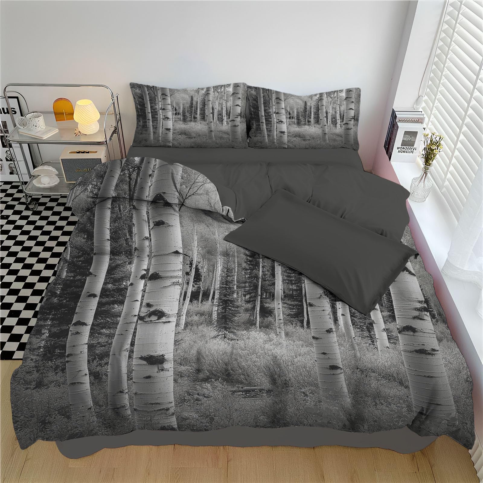 Housse de Couette 200x200cm Motif Forêt Gris Parure de Lit Microfibre Nature