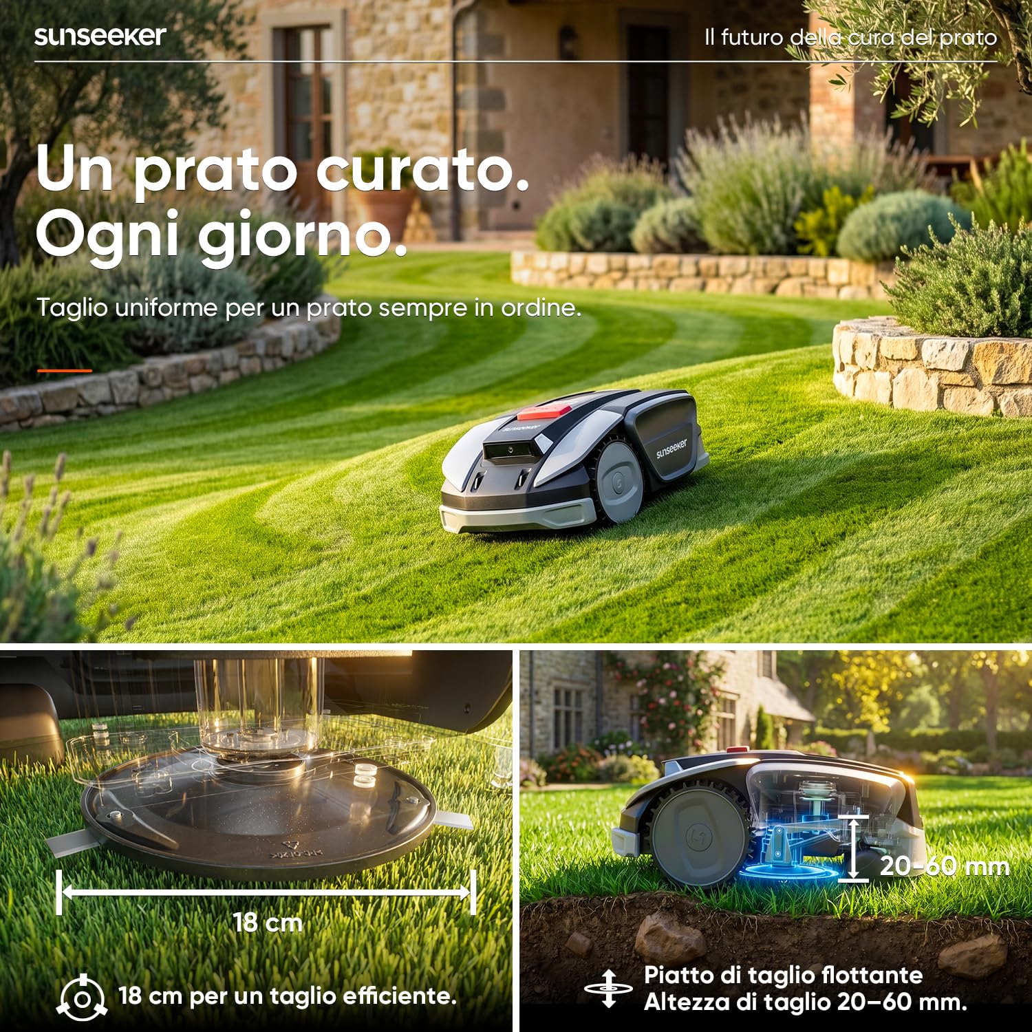 Sunseeker S3 Robot Tagliaerba Senza Filo, RTK + Vision AI, 800 m² + Set di 12 Lame Universali