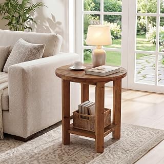 Tribesigns Round Side Table, 2 Tier Wooden Side Table with Shelf, Small Farmhouse Bedside Coffee Table for Living Room, Bedroom, Brown