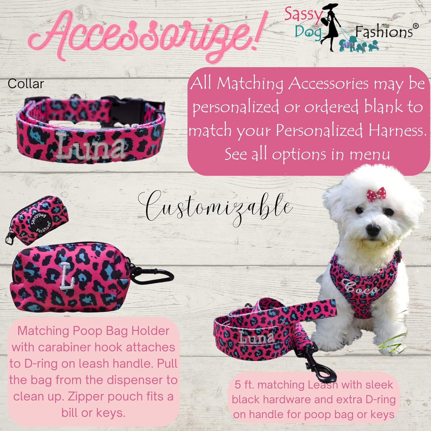Personalized Leopard Dog Harness and Leash Set Made in USA-Soft Puppy Harness with Embroidered Pet Name - Girl Dog Harness for Small Dogs-Medium-Large Dogs No Pull (Pink Leopard, X-Small)
