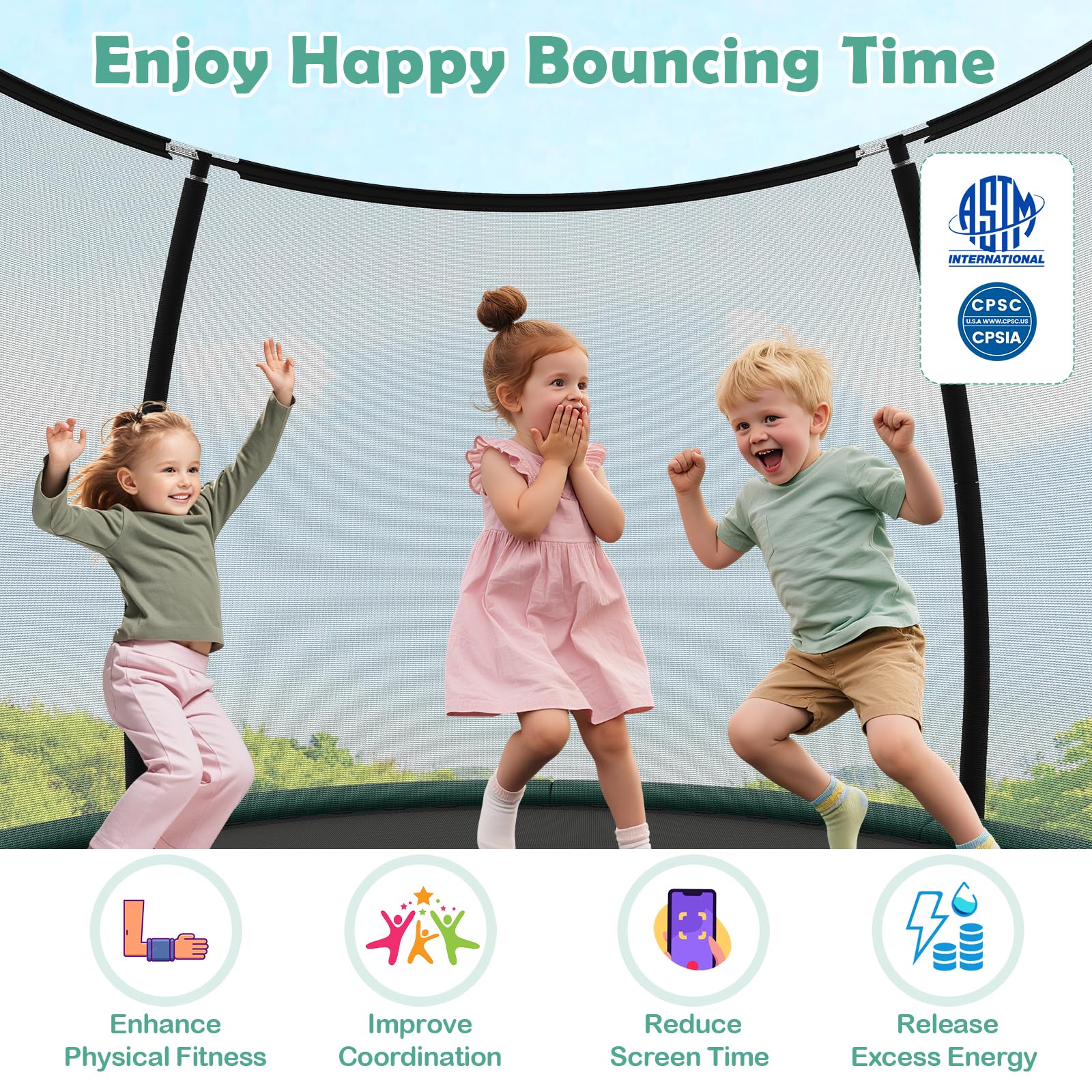 LIFEZEAL Trampolín con Red de Protección, Cama Elastica Exterior de 244/305/366 cm para Niños y Adultos, Cama Elastica Niños Recreativo con Marco de Acero Galvanizado de Alta Resistencia (Verde)