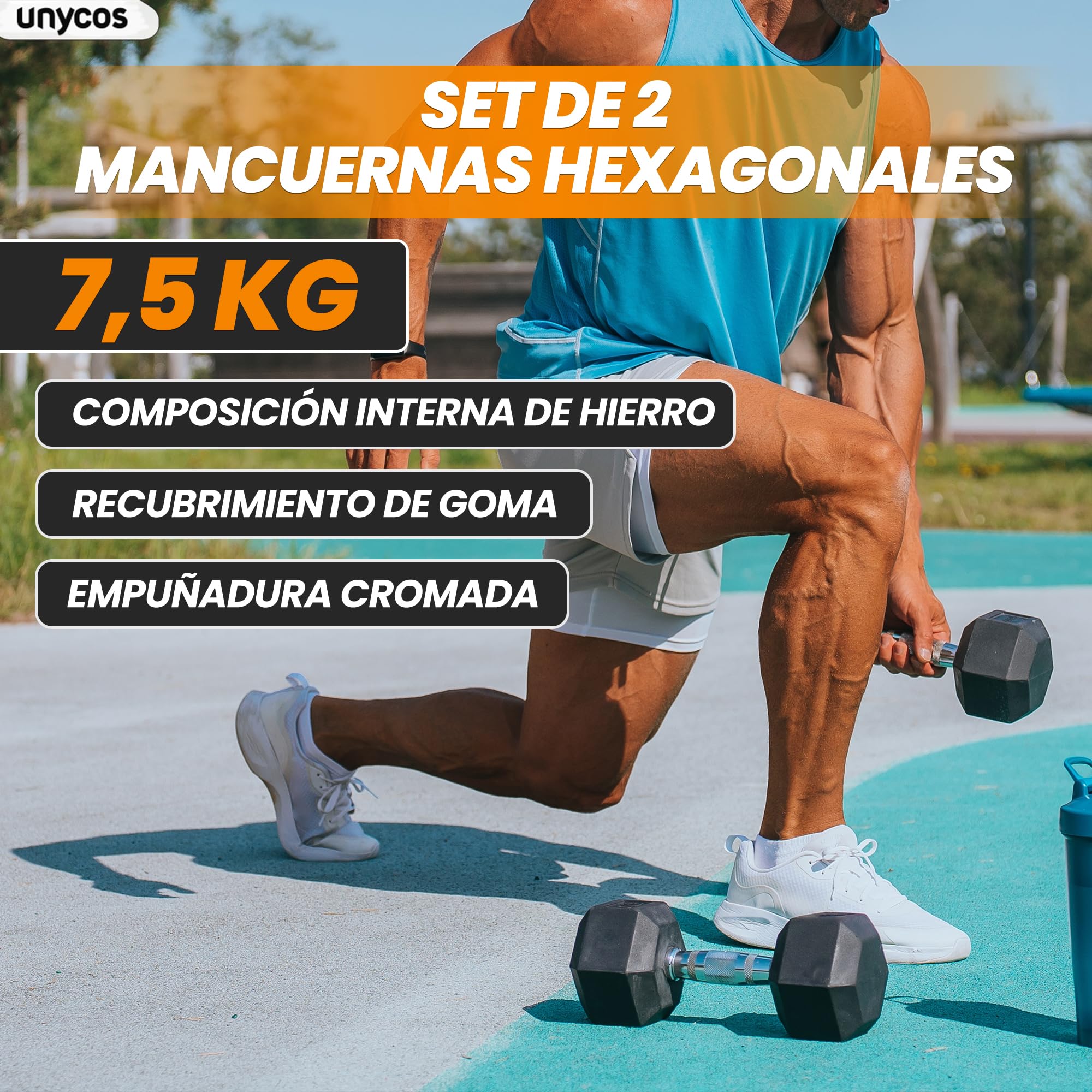 unycos - Mancuernas y Pesas Antideslizantes con Revestimiento de Caucho y Empuñadura Cromada, Disponibles de 5 a 20 kg con Diseño Anti-Rodadura, Entrenamiento de Fuerza/Fitness