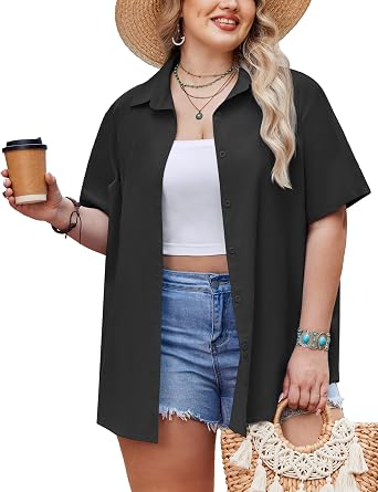 INVOLAND Womens Plus Size Hawaiian Shirts Short Sleeve Casual Floral Button Down Shirt Tropical Beach Blouse Summer Top