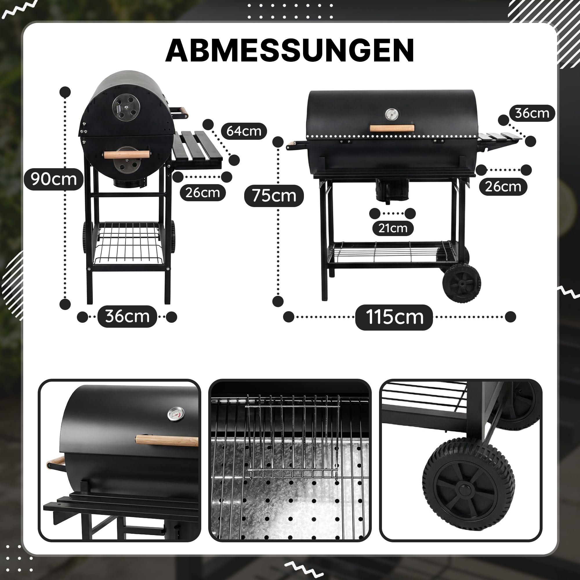 Five-Star Grill&Chill Holzkohlegrill mit Deckel – Großer Grillwagen mit Chromrost 71×35 cm & Thermometer – Für Garten & Terrasse – Aschekasten, Lüftungsöffnungen, 2 Räder