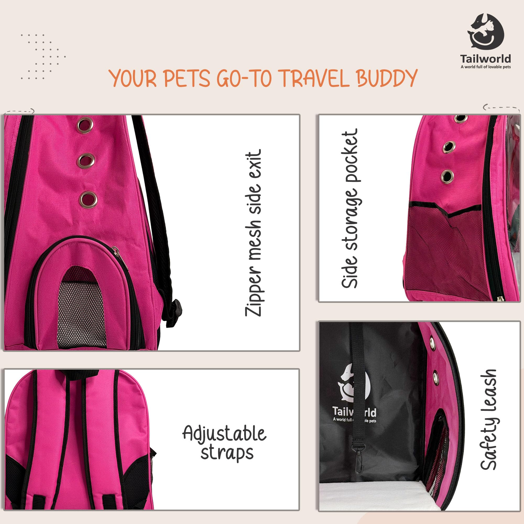 Tailworld Portable Pet Carrier Backpack for Cats & Small Dogs – Transparent Window, 9 Air Vents, Breathable Mesh, Built-in Safety Leash, Lightweight Travel Bag for Outdoor & Travel (Pink) 3