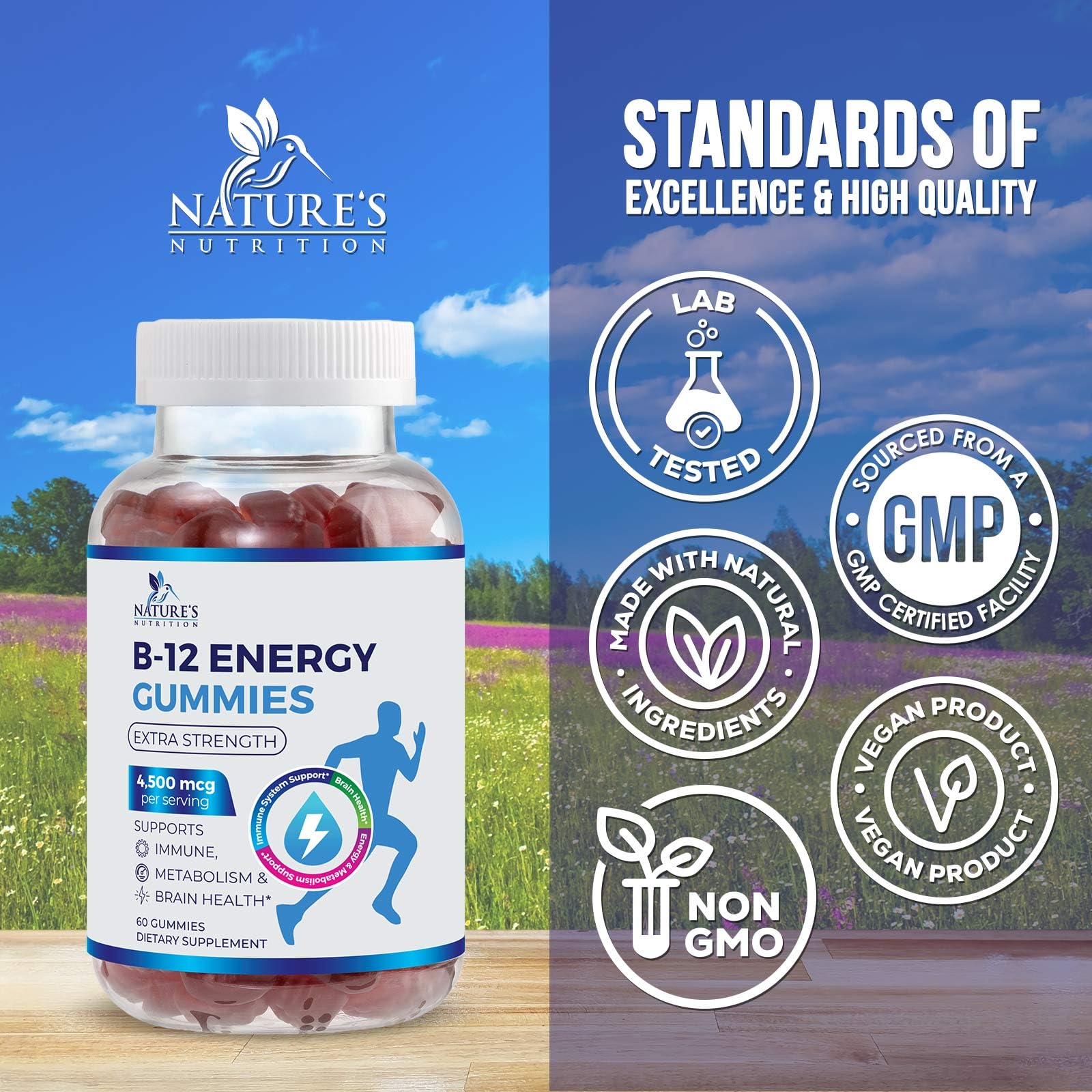 Vitamin B12 Energy Gummies - 4500 mcg Extra Strength Chewable B12 Supplement - Potent Energy, Metabolism & Immune Support - For Women, Men & Kids - Natural, Vegan & Berry Flavored - 120 Gummies — Amazon image 4