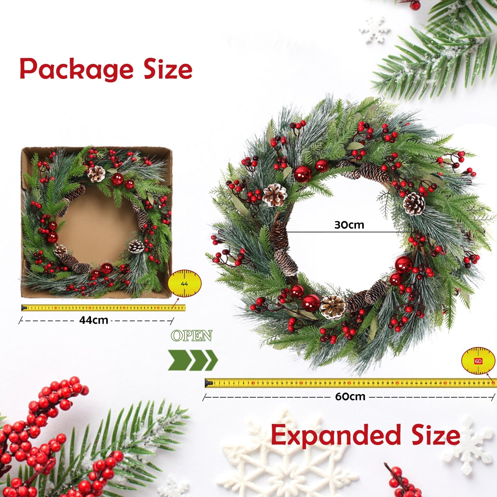 Betylifoy Kerstkrans, deurkrans, 60 cm, grote kerstkrans met bessen, dennenappels, eucalyptusslinger voor Kerstmis, winter, huisdeur, open haard, decoraties