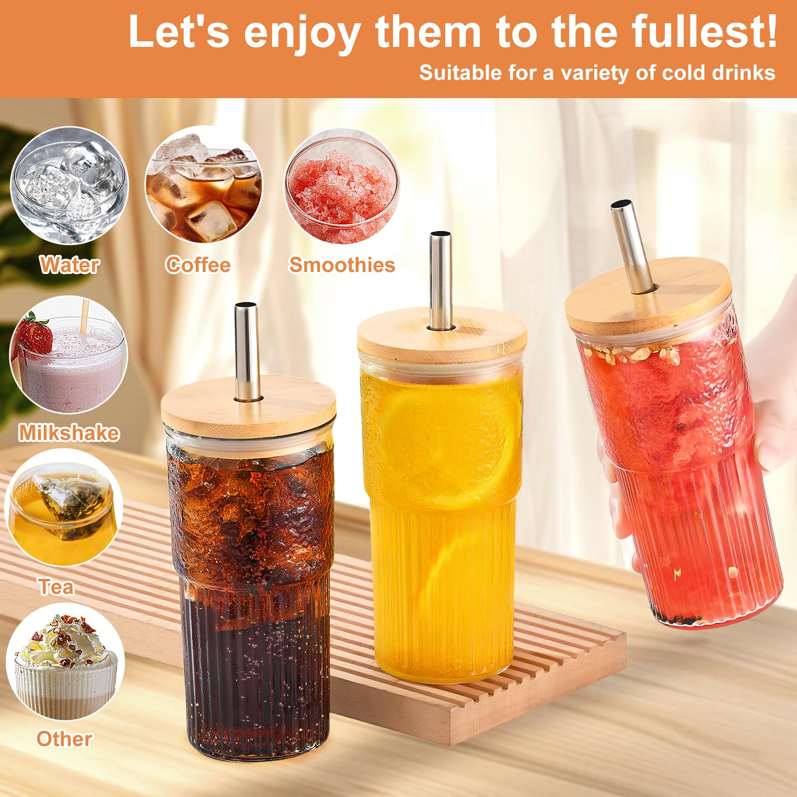 Set Bicchieri Cocktail JORTINE - 4 Pezzi Con Coperchio In Bamb&ugrave; E Cannucce Di Vetro, Stile Lattina