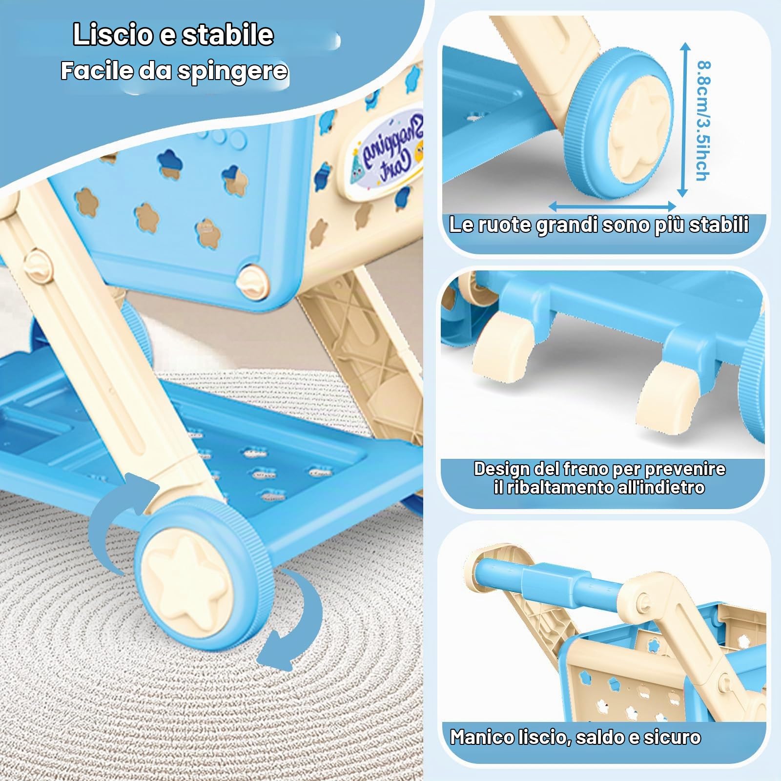RedCrab Carrello Spesa Giocattolo con Scanner, 74 Pcs Accessori per Negozi: Calcolatrice, Carte di Credito, Frutta e Cibo, Gioco di Ruolo Giocattolo per Ragazzi e Ragazze 3+ Anni (Blu)