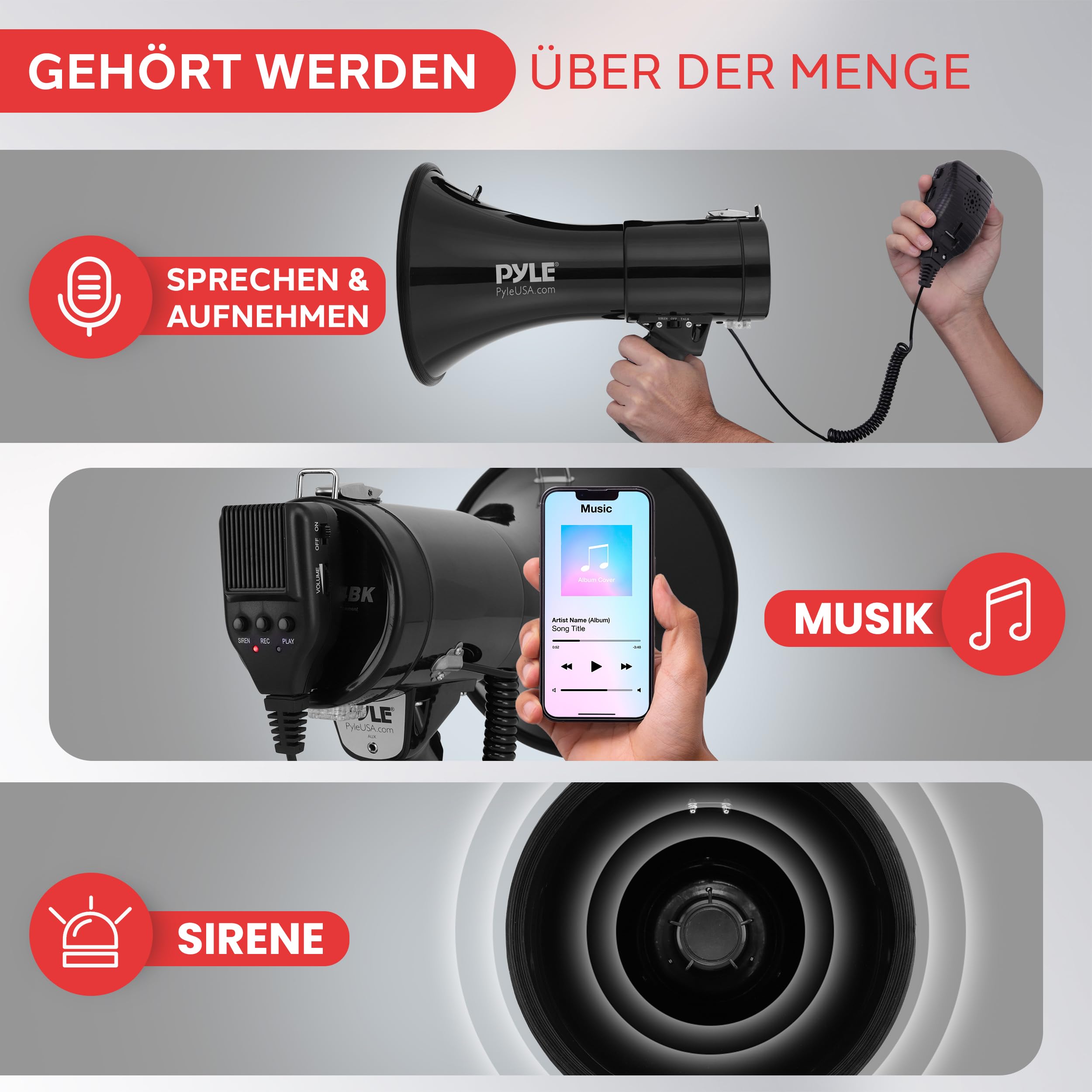 Pyle Megaphon mit Sirene & Mikrofon – 50W Lautsprecher, Aux-Eingang, tragbar, Ideal für Anfeuerung & Outdoor-Einsatz, ergonomisch & robust, mit MP3-Wiedergabe
