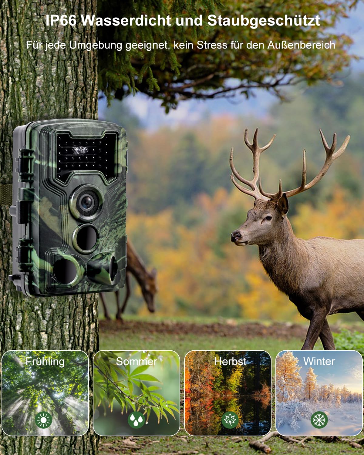 Wildkamera, 2.7K Video Wildtierkamera mit Bewegungsmelder, 0,1s Auslösezeit Wildcamera Jagdkamera Testsieger Nachtsicht mit 32G Speicherkarte IP66 Wasserdicht 120° Weitwinkel