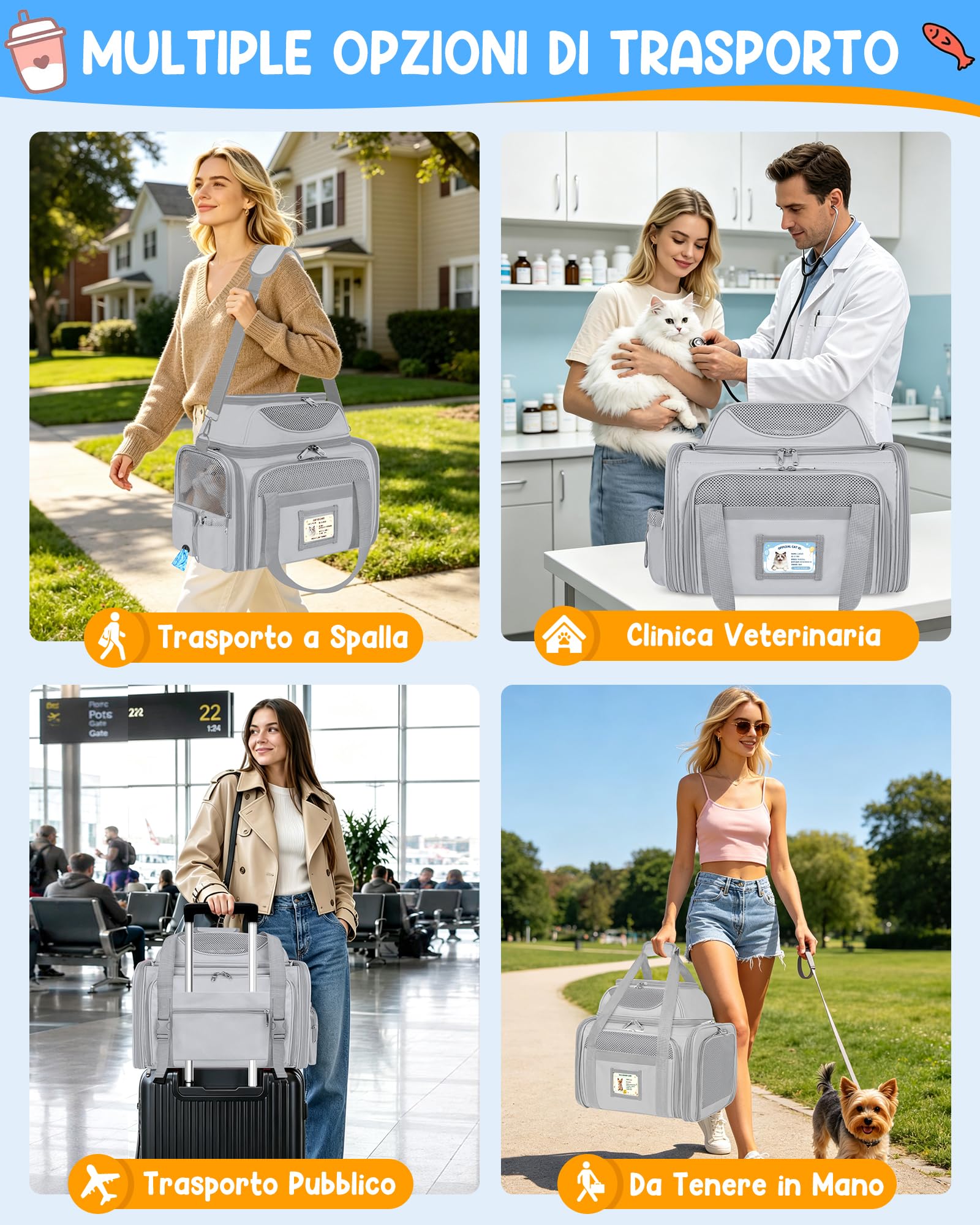 Trasportino Gatto Morbido Pieghevole Approvato Aereo Espandibile Borsa Viaggio Gatti Gatto Pieghevole Fino a 10kg Morbido Pet Carrier per Cani con Cuscino Lavabile e Guinzaglio Interno