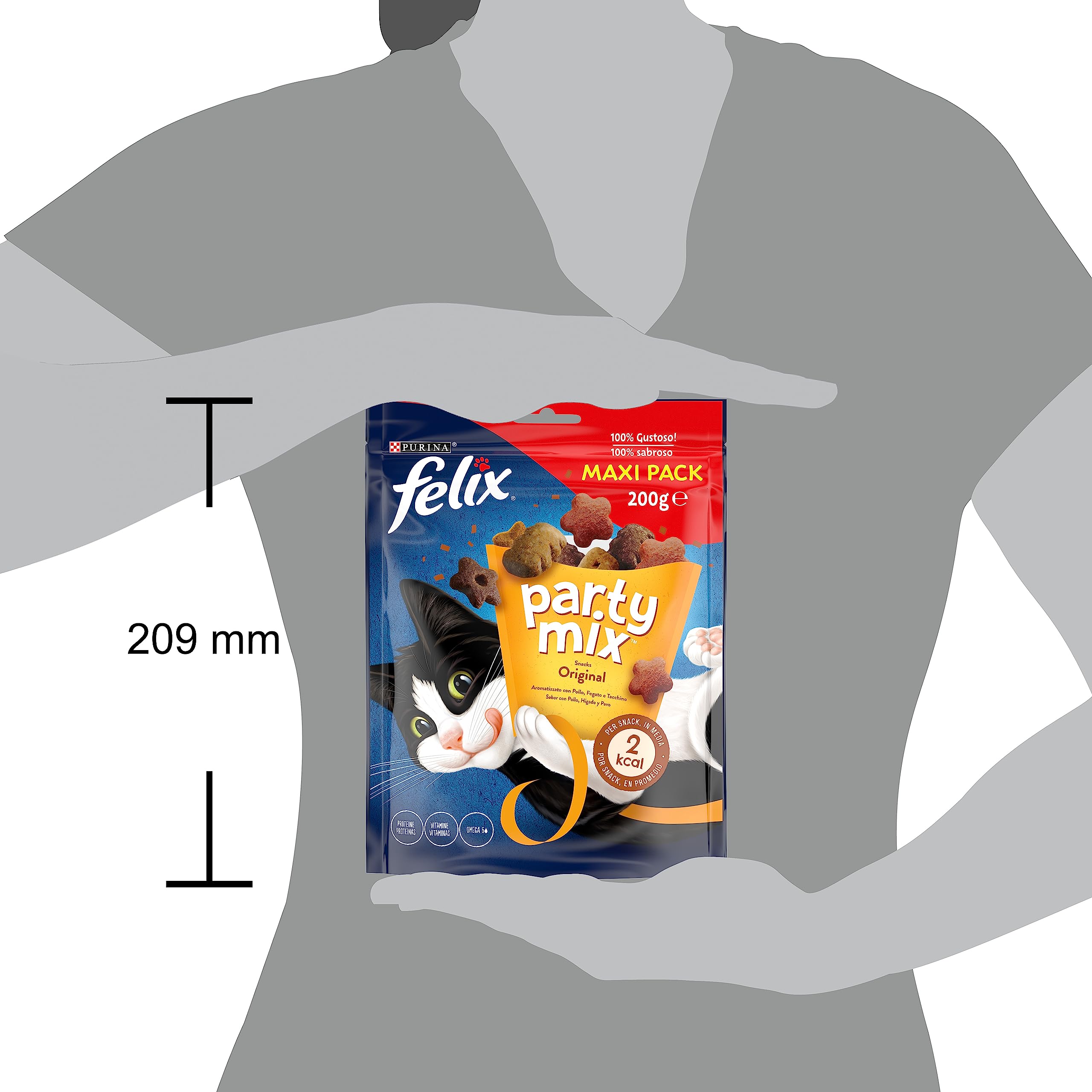 Purina Felix Party Mix Original, Snack para Gato Adulto, Premio para Gato con Pollo, Higado y Pavo, Pack de 5 Bolsas de 200g
