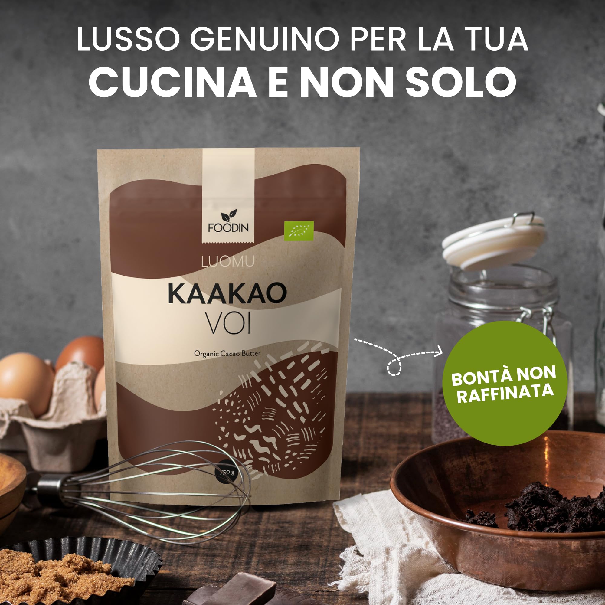 FOODIN Burro di Cacao Bio — Naturale per Cosmetica, Cucina e Dolci — Idratante, Dolce Profumo, Crudo e Sostenibile — 750g