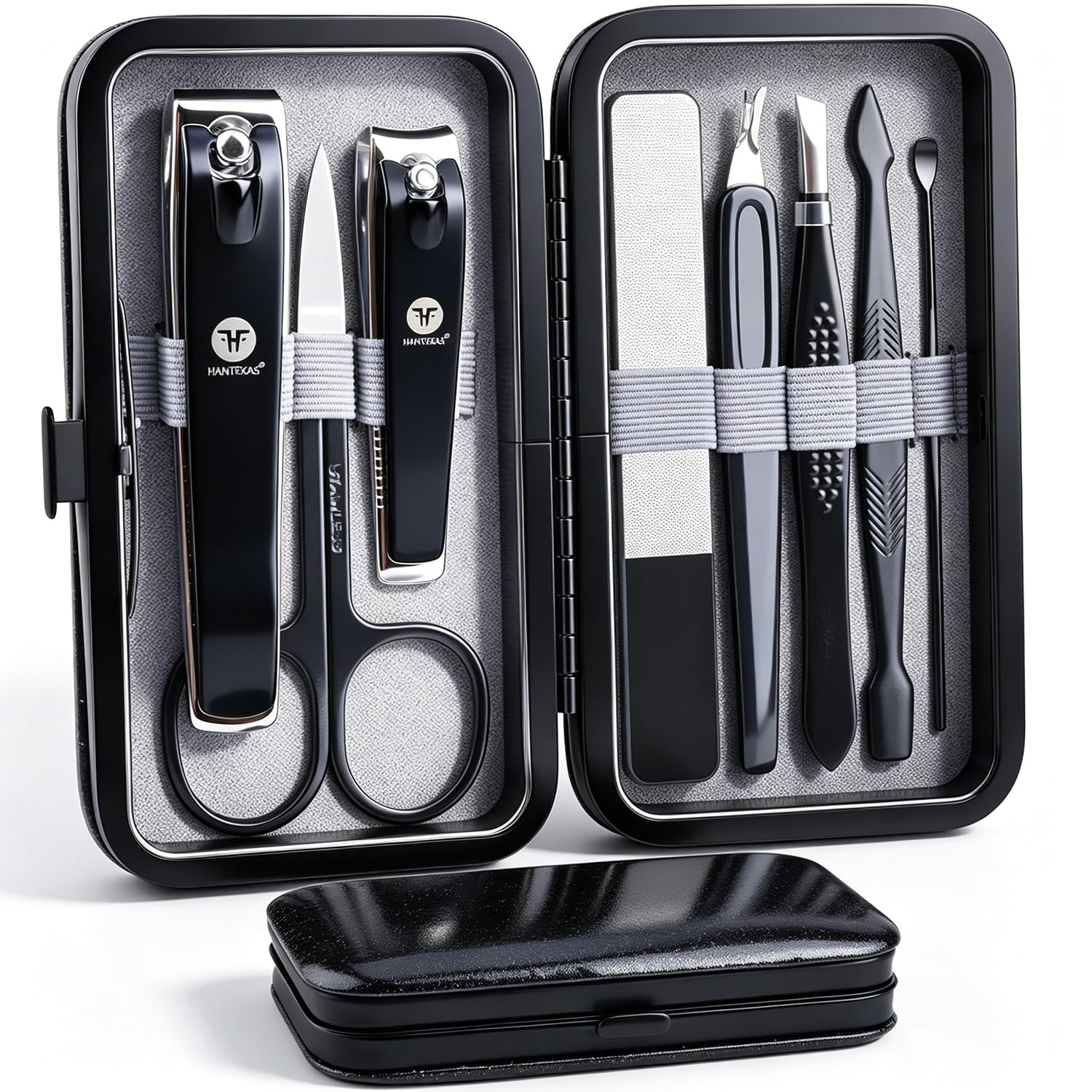 HANTEKAS Manicure Pedicure Set 8pcs Stainless Steel Nail Clippers Kit Fingernail Toenail Clippers Cutters with Leather Case for Home Workplace Outdoor Travel Salon Gift for men women family friends