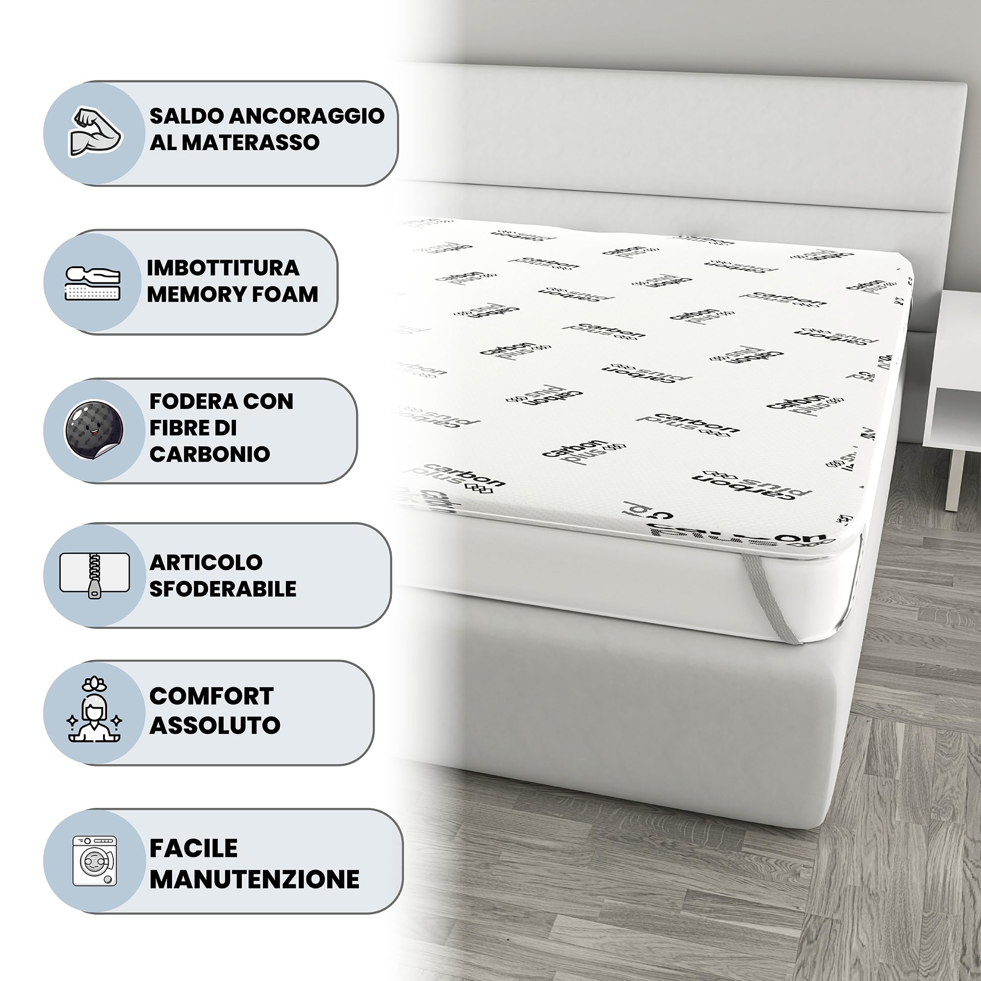 Topper Memory Foam 160x190 Matrimoniale, Made in Italy, Carbonio - Materasso per Massimo Confort - Letto Morbido per un Sonno Profondo (Matrimoniale - Carbonio)