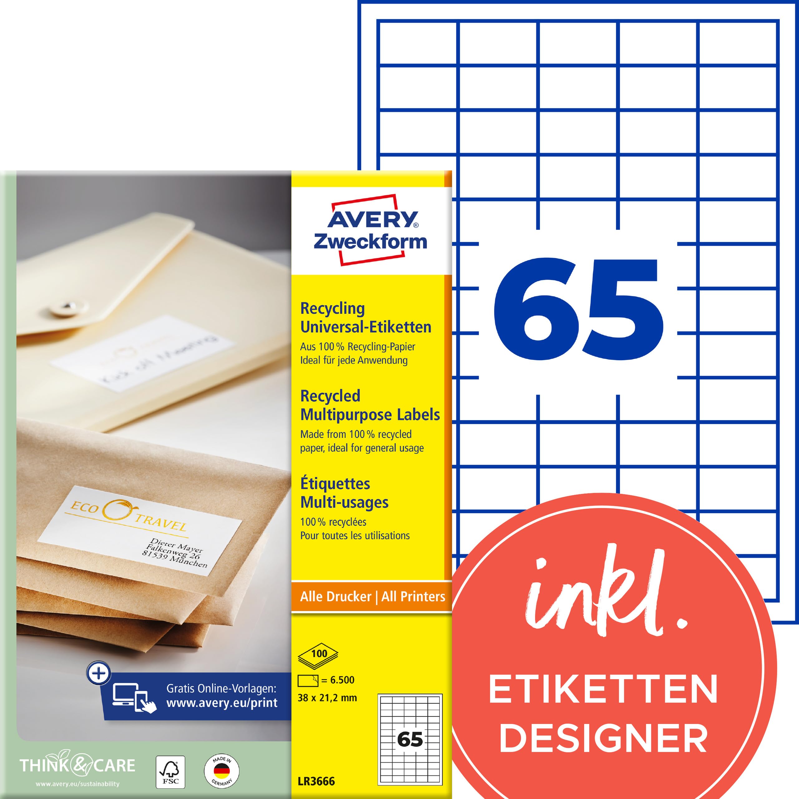 AVERY Zweckform LR3666 Recycling Etiketten (6.500 Klebeetiketten, 38x21,2mm auf A4, 100% recyceltes Altpapier, individuell bedruckbar, selbstklebende Aufkleber) 100 Blatt, naturweiß