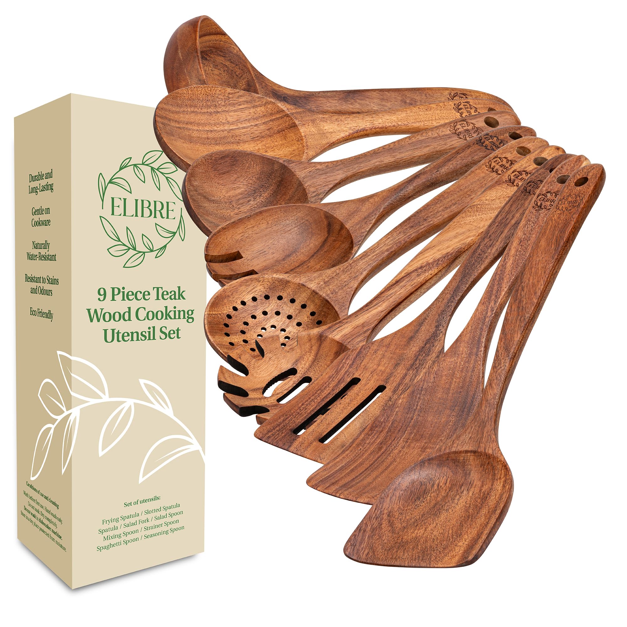 Elibre Premium 9 Piece Teak Wooden Kitchen Utensil Set | Includes Wooden Spoon, Spatula, Slotted Spoon, Ladle, Serving Tools | Heat Resistant | Non-Toxic & Safe for Cooking | Non-Stick, Gentle on Pans
