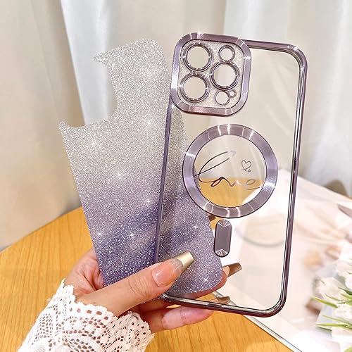 Vista 631 de Fiyart - Funda transparente magnética con purpurina para iPhone 12 para mujeres, con grabado "Love" metálico, protección para cámara y antigolpes