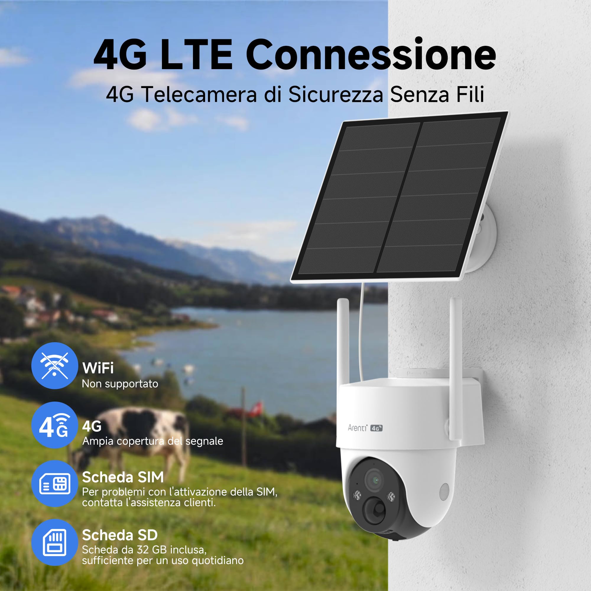 ARENTI Telecamera 4G LTE Da Esterno con SIM,2KTelecamera Sorveglianza PTZ 360°,Senza WiFie Senza Fili con Pannello Solare,10400mAh Batteria, Visione Notturna, Audio Bidirezionale,IP65