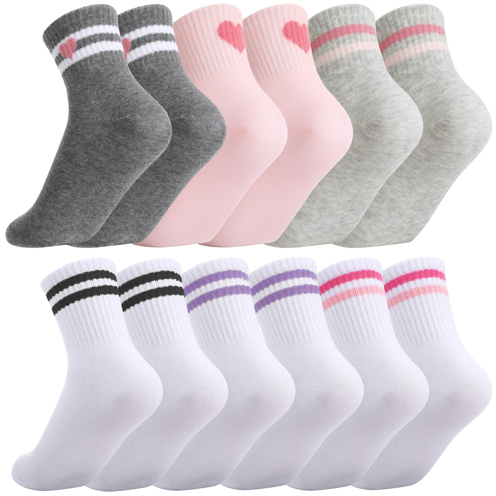 Utensilsto 6 Paar Socken Mädchen 29-33 Tennissocken Sportsocken Baumwolle Crew Socken mit Retro Streifen Herzen Kindersocken für Mädchen und Jungen
