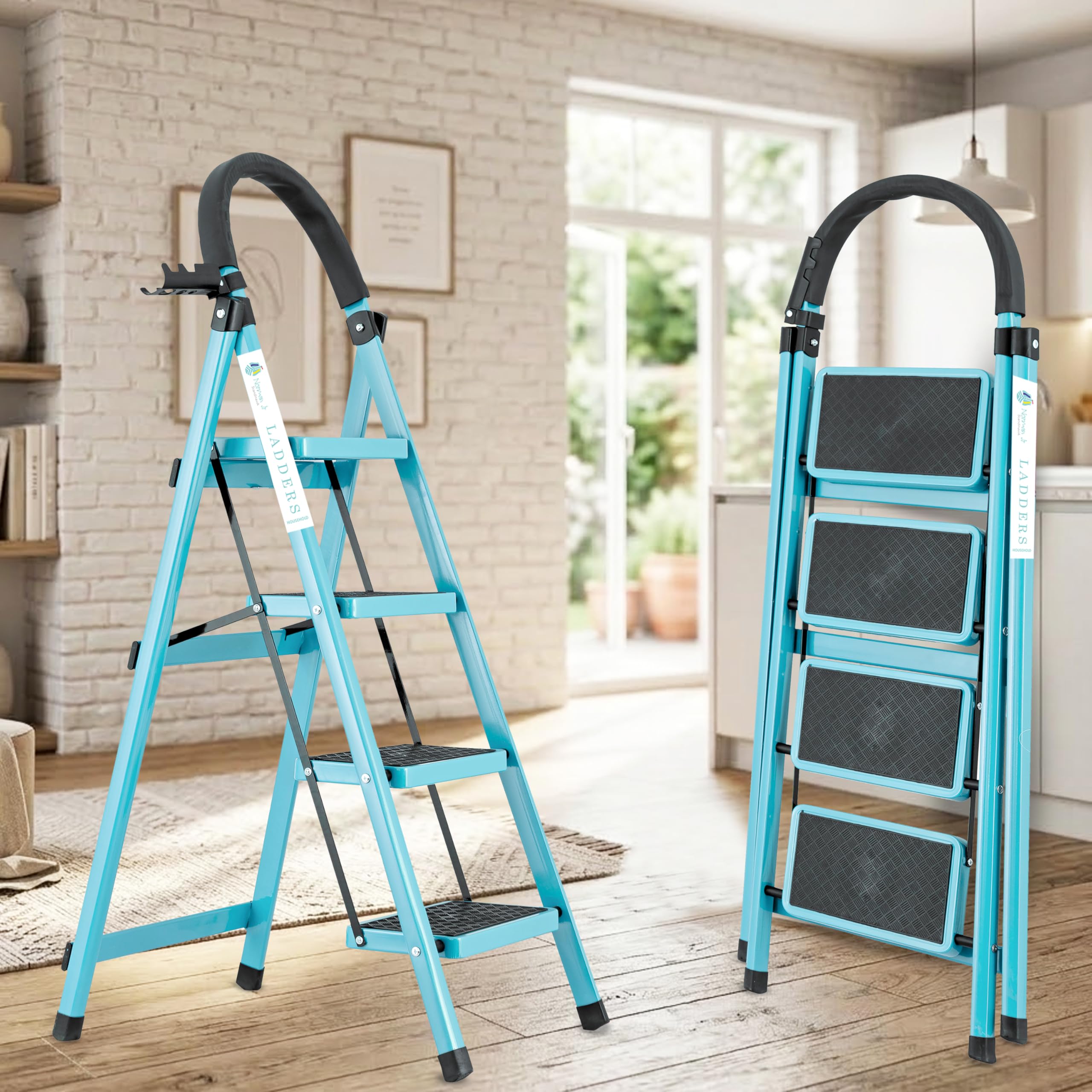 Norman Jr Teal Blue 4 Step Ladder for Home Use with Built-in Tool Tray | Heavy Duty D Shape Rods | Ultra Large Platform | Wide Rubber Feet | 150Kg Capacity Foldable Ladder - 7 Years Warranty-image-30