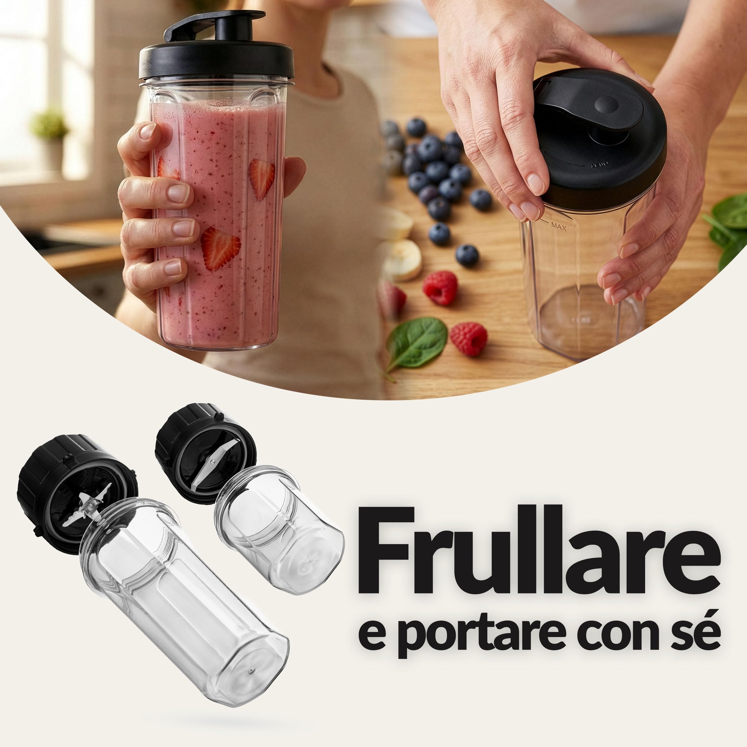 LEHMANN Frullatore Elettrico in Vetro 1,7 L, 10 Velocità, Pulse e 3 Programmi: Smoothie, Tritaghiaccio, Milkshake, Parti Lavabili in Lavastoviglie, Bottiglia Portatile e Macinino, 1400 W, Argento