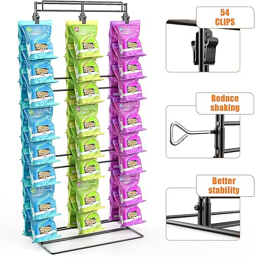 Miniatura 2 de Eazy2hD Estante de patatas fritas mejorado con 54 clips, soporte de chips de 3 filas para fiestas, soporte para bolsas de chips de encimera,
