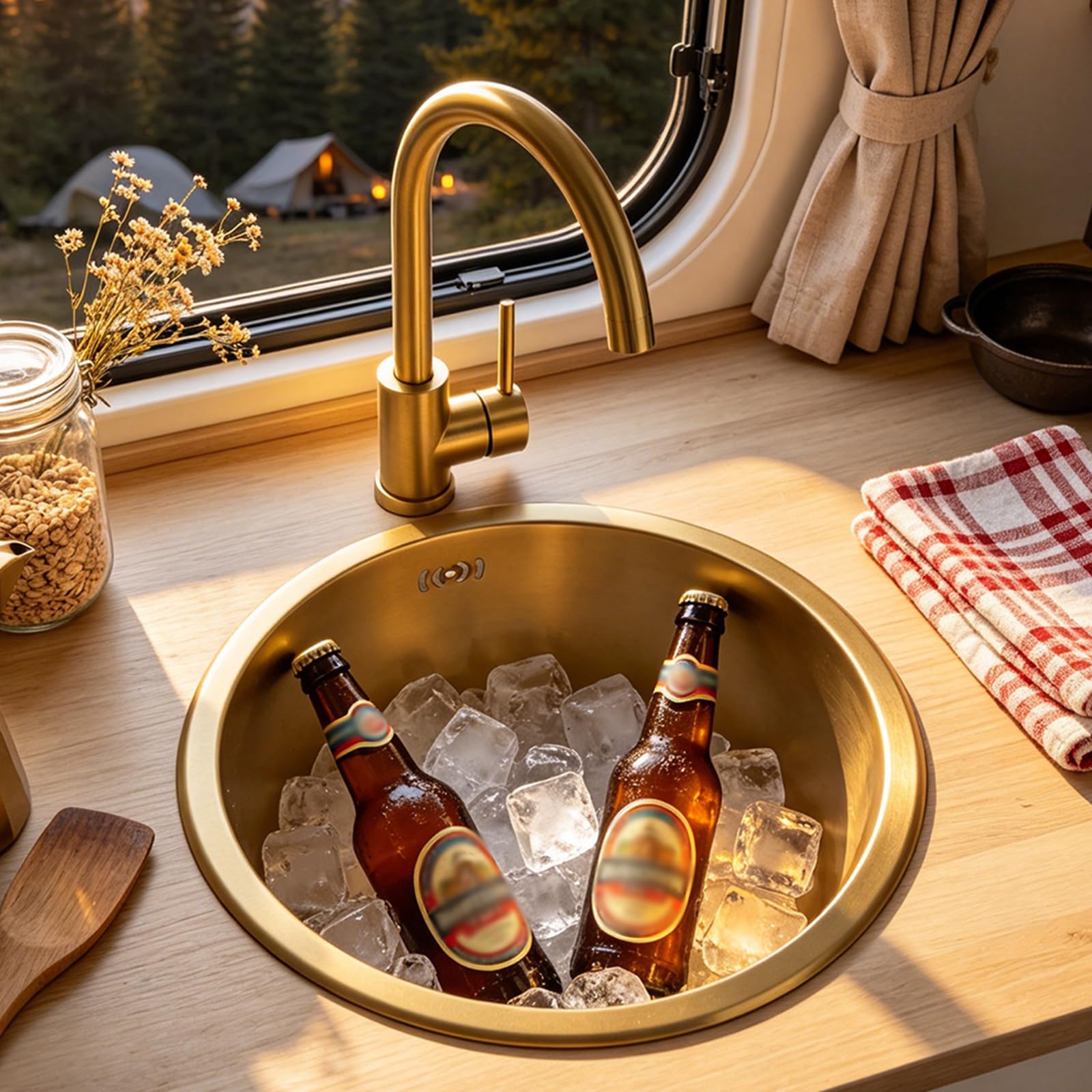 ZQFHSX Round Kitchen Sink 32 cm Gold – Mini Undermount Stainless Steel with Drain and Siphon Included for Small Kitchen, RV, Office, Food Truck Single Bowl Design