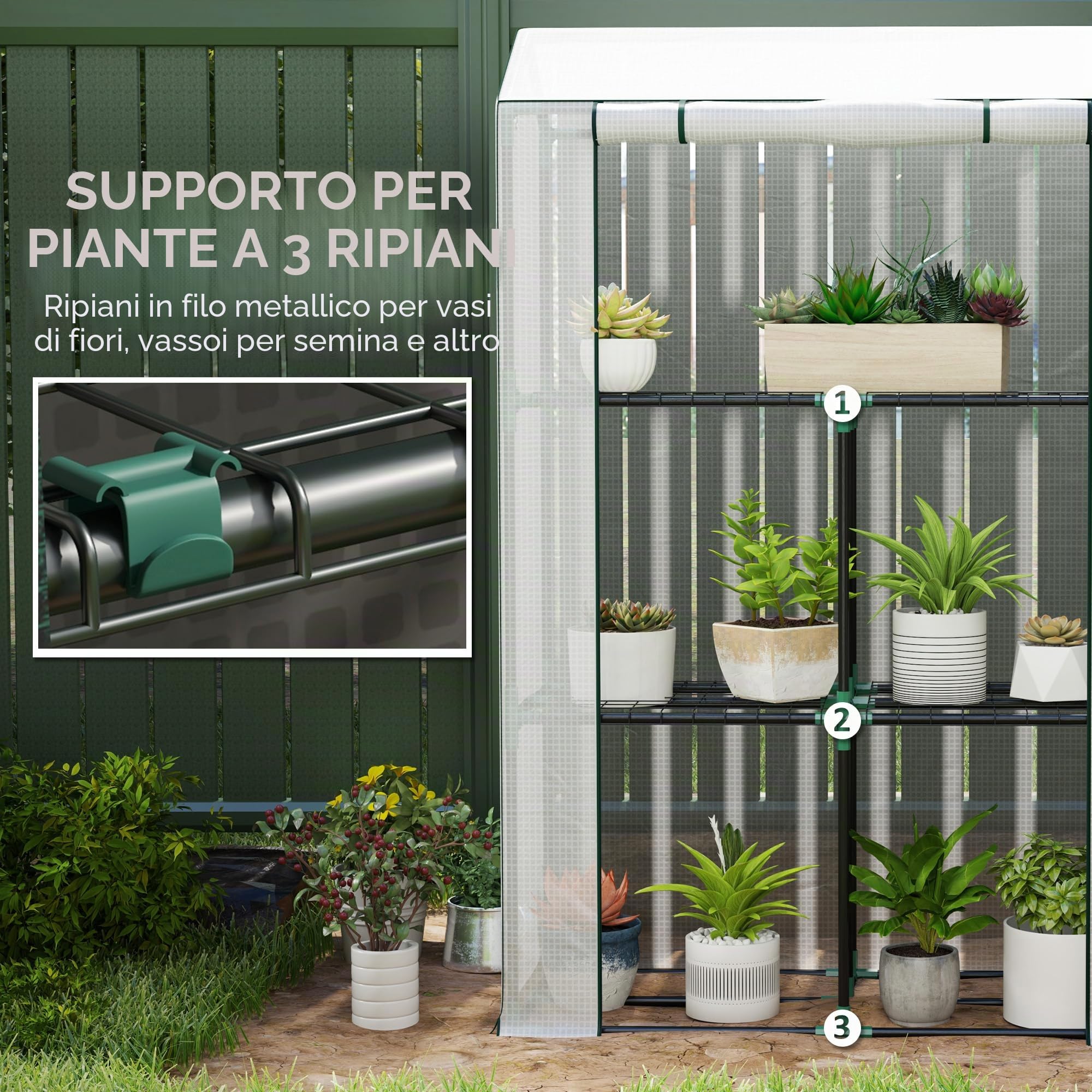 Outsunny Serra 3 piani PE rinforzata 100x40x150cm Bianco | Serra piccola, porta avvolgibile