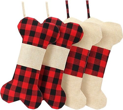 Skylety 4 medias de Navidad de hueso de perro, medias de Navidad de arpillera para mascotas, medias de Navidad a cuadros rojos y negros para