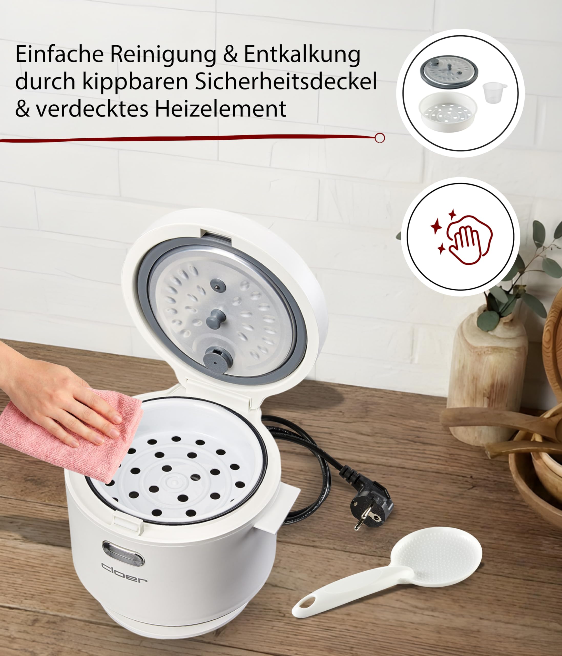 Cloer 6831 Reiskocher mit 1 l Fassungsvermögen, inkl. Dampfaufsatz & spülmaschinengeeignetem Innentopf, 7-Phasen-Technologie, Warmhaltefunktion bis 24 h, Signalton und Wasserstandsanzeige, 350 W