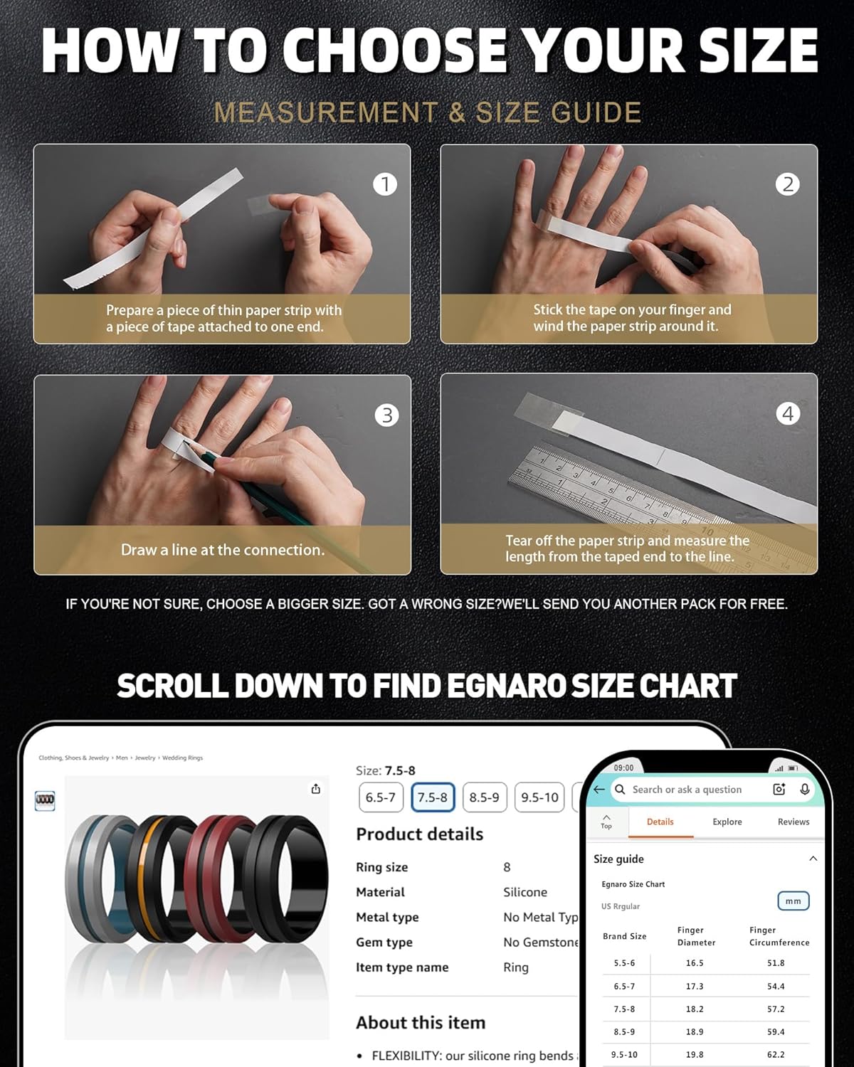 Egnaro Men's Silicone Wedding Rings - 8.2mm x 2.6mm, Middle Engraved Rubber Engagement Bands, 1/4/6 Multipack For Workout - Image 6