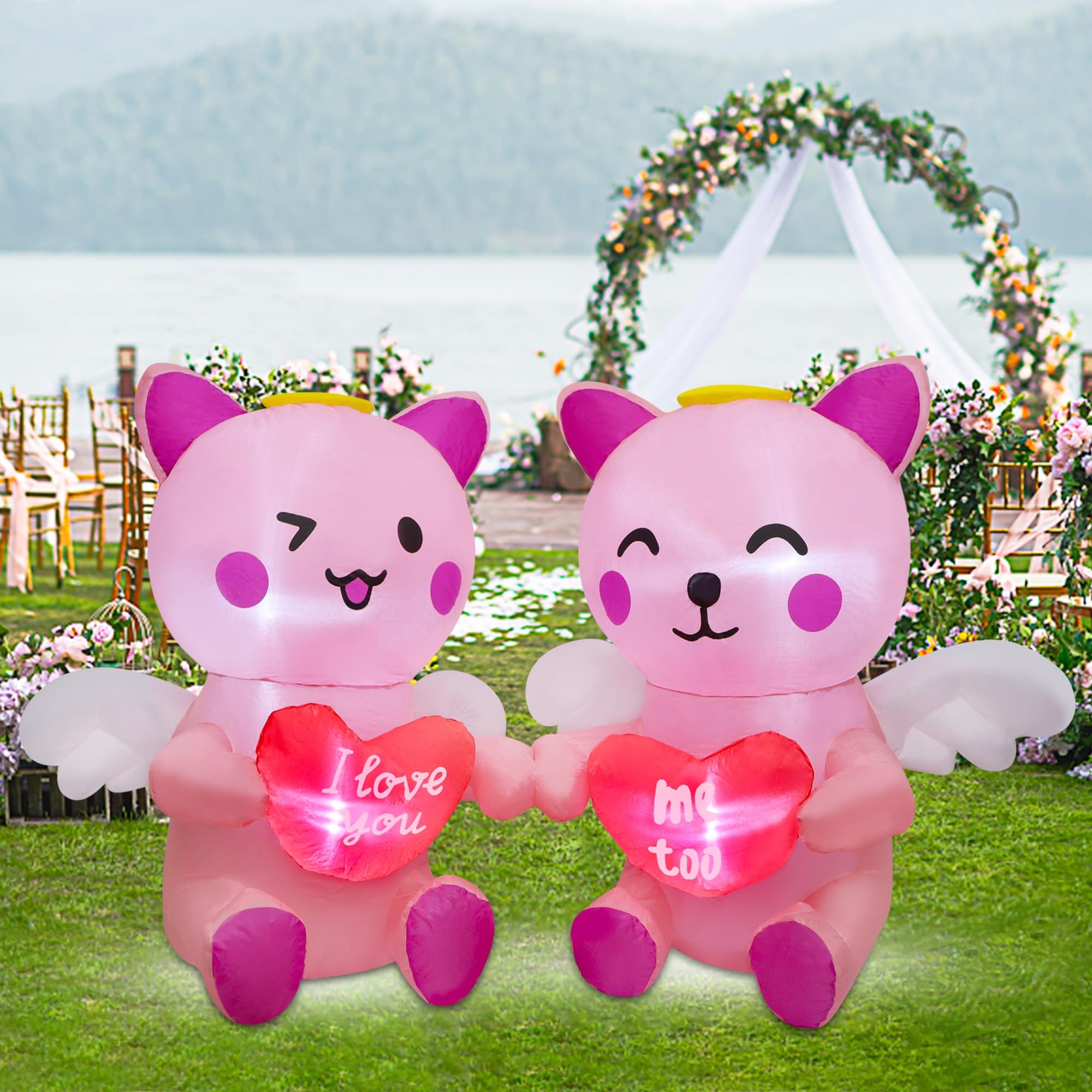 DR.DUDU Valentine's Day Inflatable Cat with Heart, 4 Ft Valentine Blow up Yard Decor Couple Cat with LED Lights, Romantic I Love You Decor for Wedding Anniversary Propose Marriage Party Indoor Outdoor