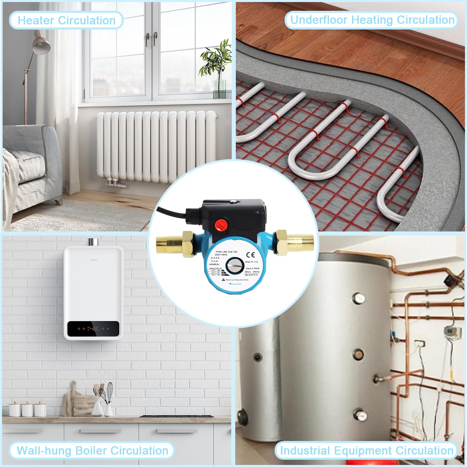 Gekufa Circulateur Chauffage LRS15/6-130, Pompe de Circulation 220V, Circulateur Eau Chaude Sanitaire à Trois Vitesses 46/67/93W, Circulateur Chauffage Central Max Tête 6m
