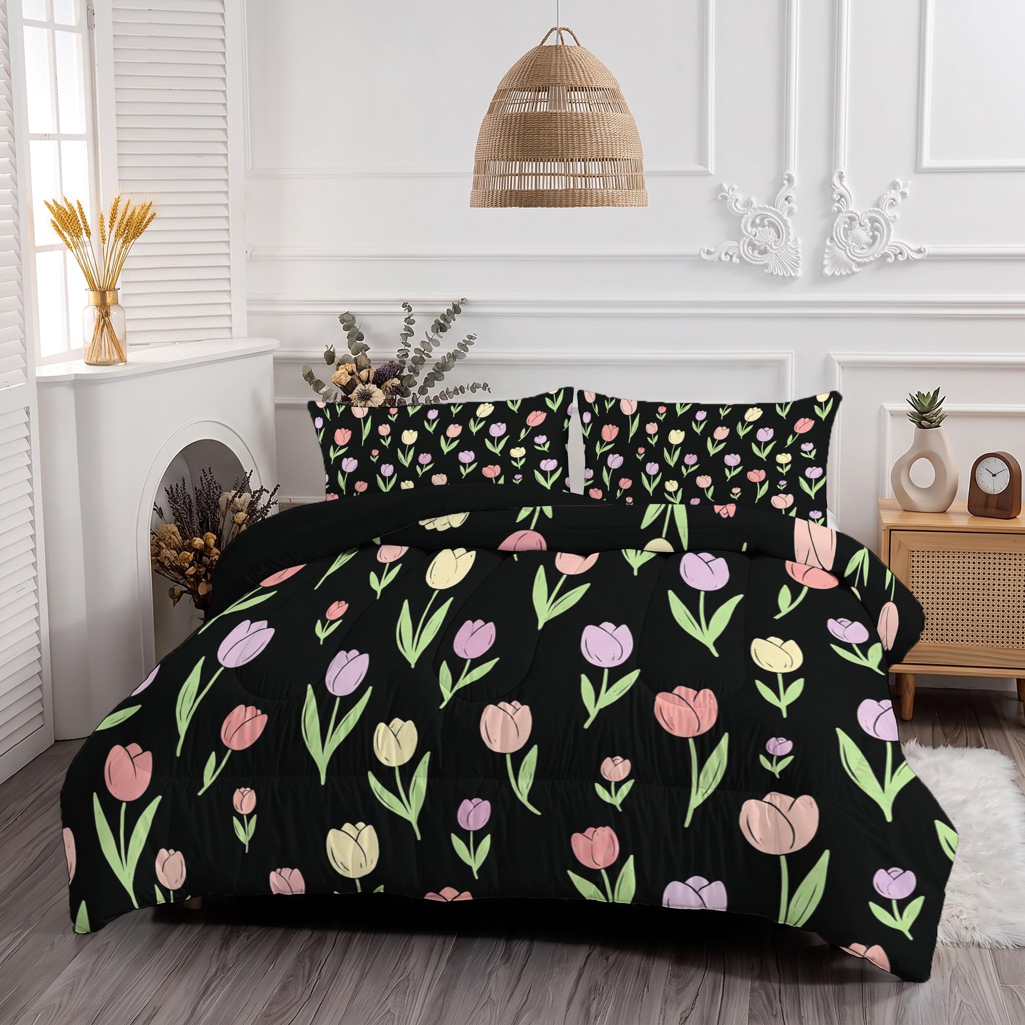 Copriletto Trapuntato Per Bambini Con Tulipano Dei Cartoni Animati | Trapunta Singolo Invernale, Nero, Piumone Caldo Morbido Piante Carine Per Decorazione Camera Da Letto