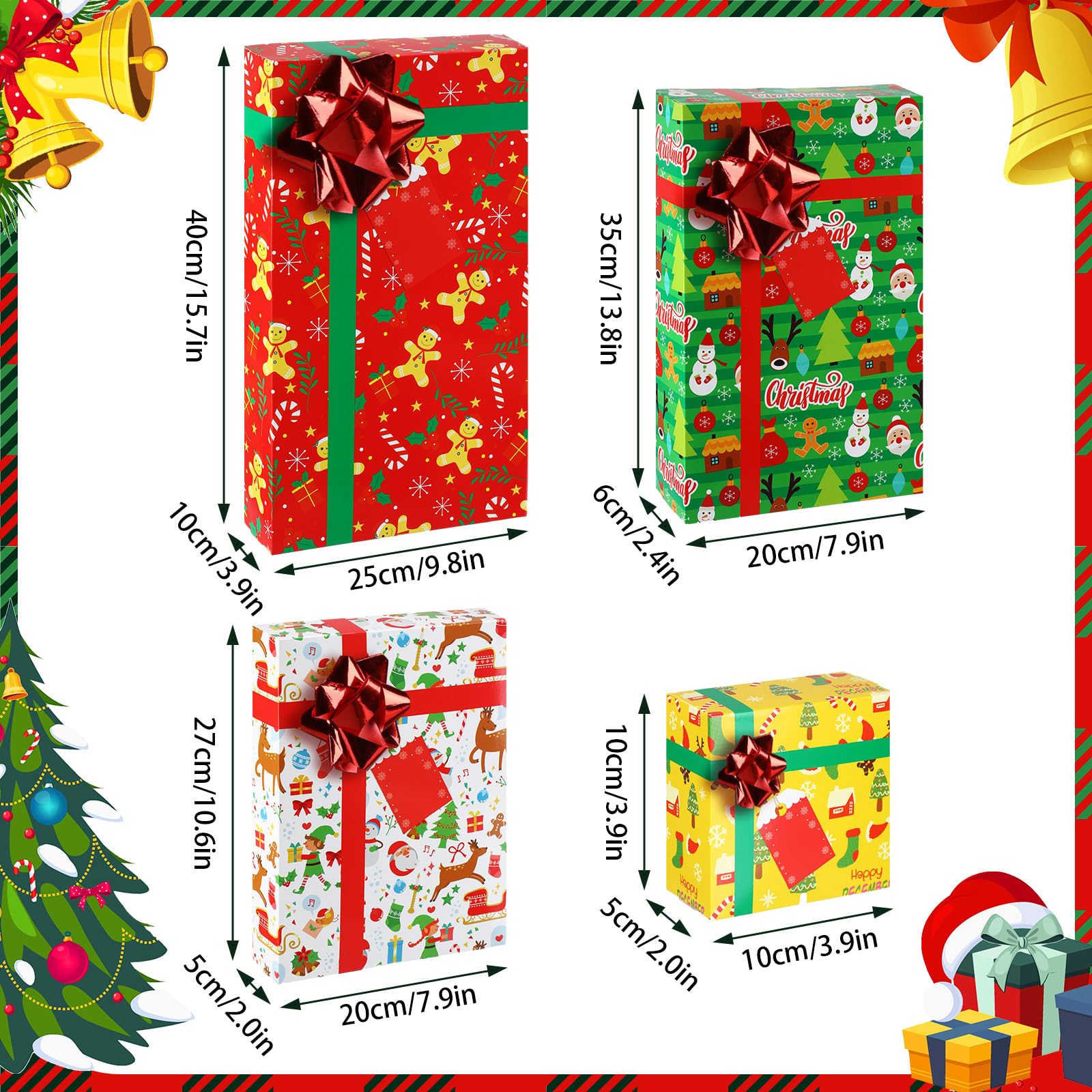 Qilery 24 Pieces Christmas Gift Boxes with Lids and Red Bows Buffalo Plaid Christmas Gift Wrap Boxes 4 Sizes Bulk Gift Boxes Shirt Box for Wrapping Xmas Holiday Present (Gingerbread)