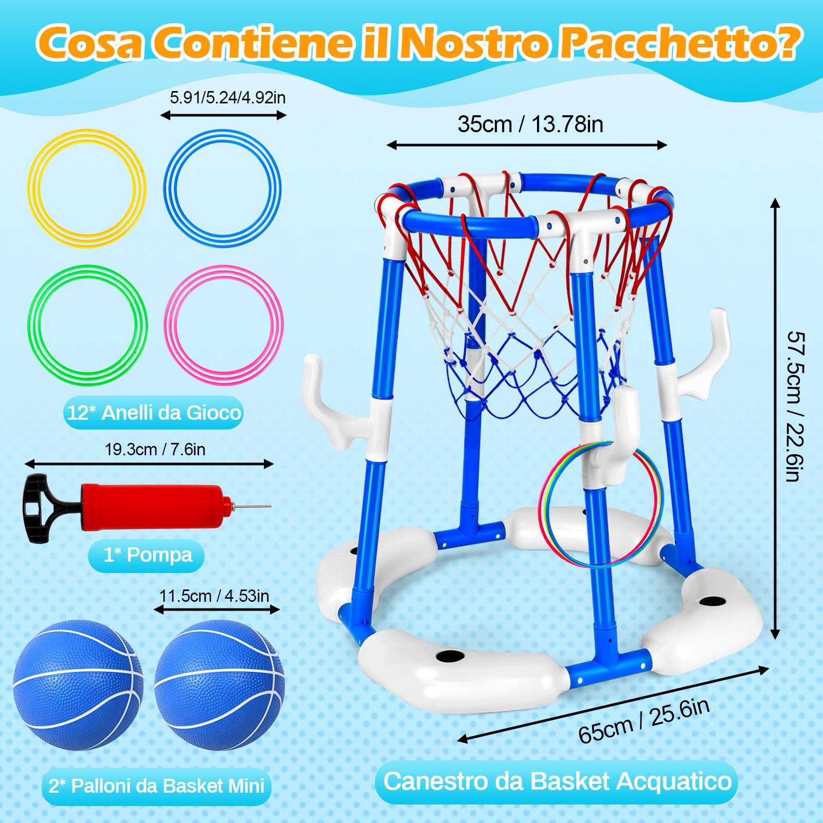 Canestro Basket Piscina, 2 in 1 Canestro da Basket Galleggiante per Piscina, Pool Basketball con 2 Palline, 12 Anelli e Pompa, Giochi Acquatici per Feste in Estive per Bambini e Adulti