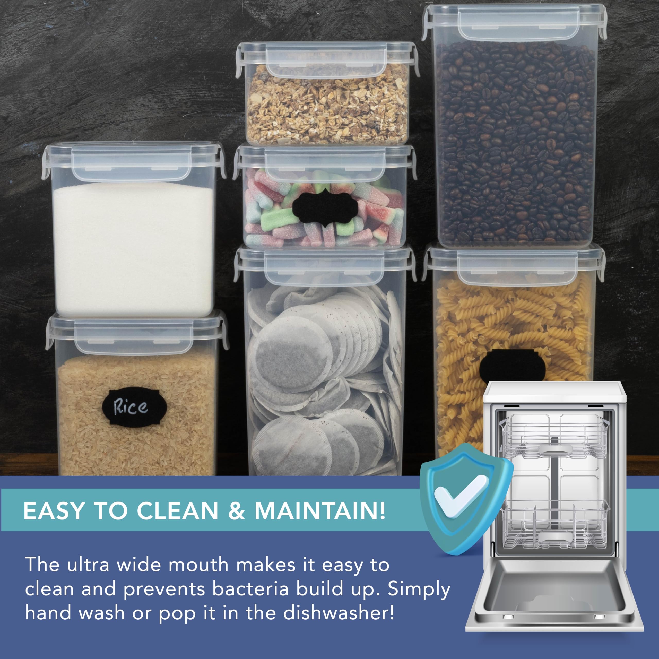 HEFTMAN Lot de 24 Boites Alimentaires Hermétiques | Boite de Rangement Cuisine en Plastique Transparent sans BPA pour Aliments, Céréales, Farine et Pâtes - avec Étiquettes