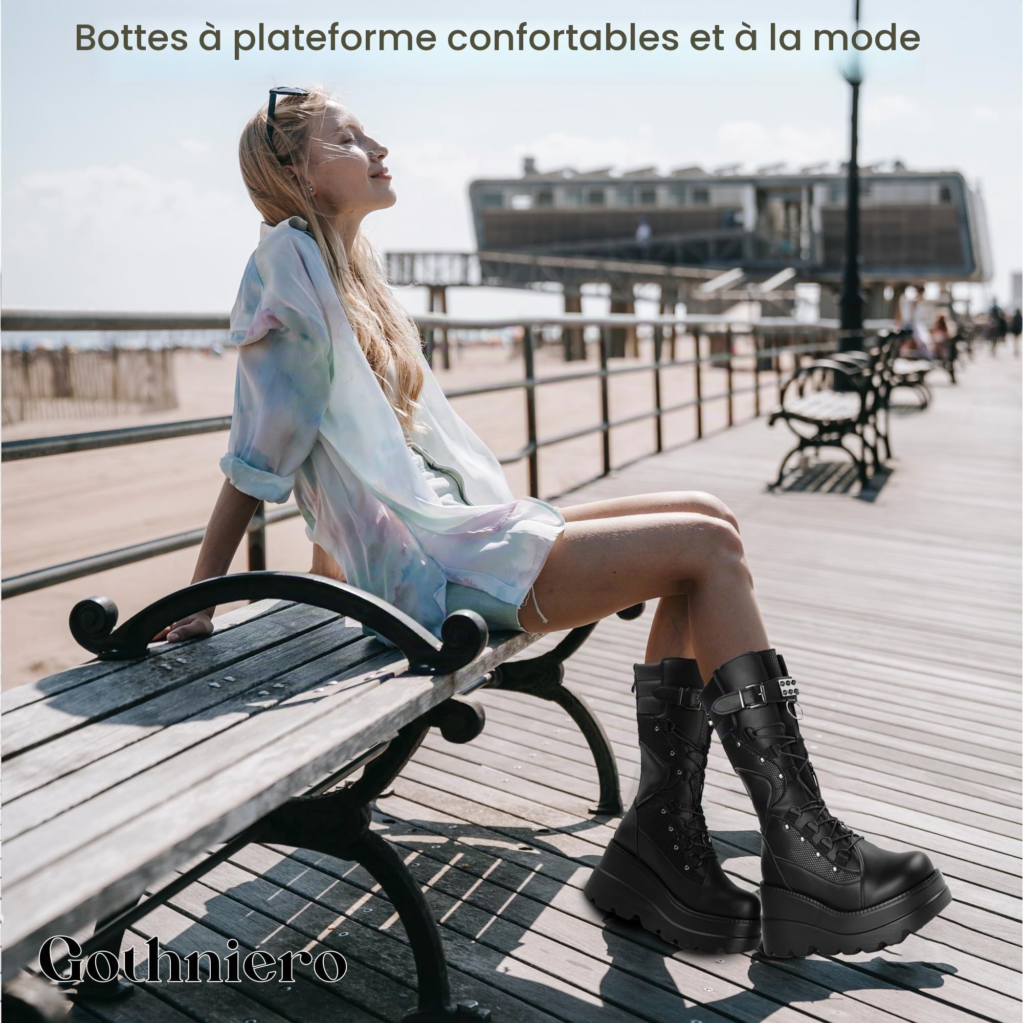 Gothniero Women Black Platform Goth Boots Knee High Chunky Heel Gothic Boot Women Black Combat Motorcycle Booties Round Toe with Zip 3UK-8UK