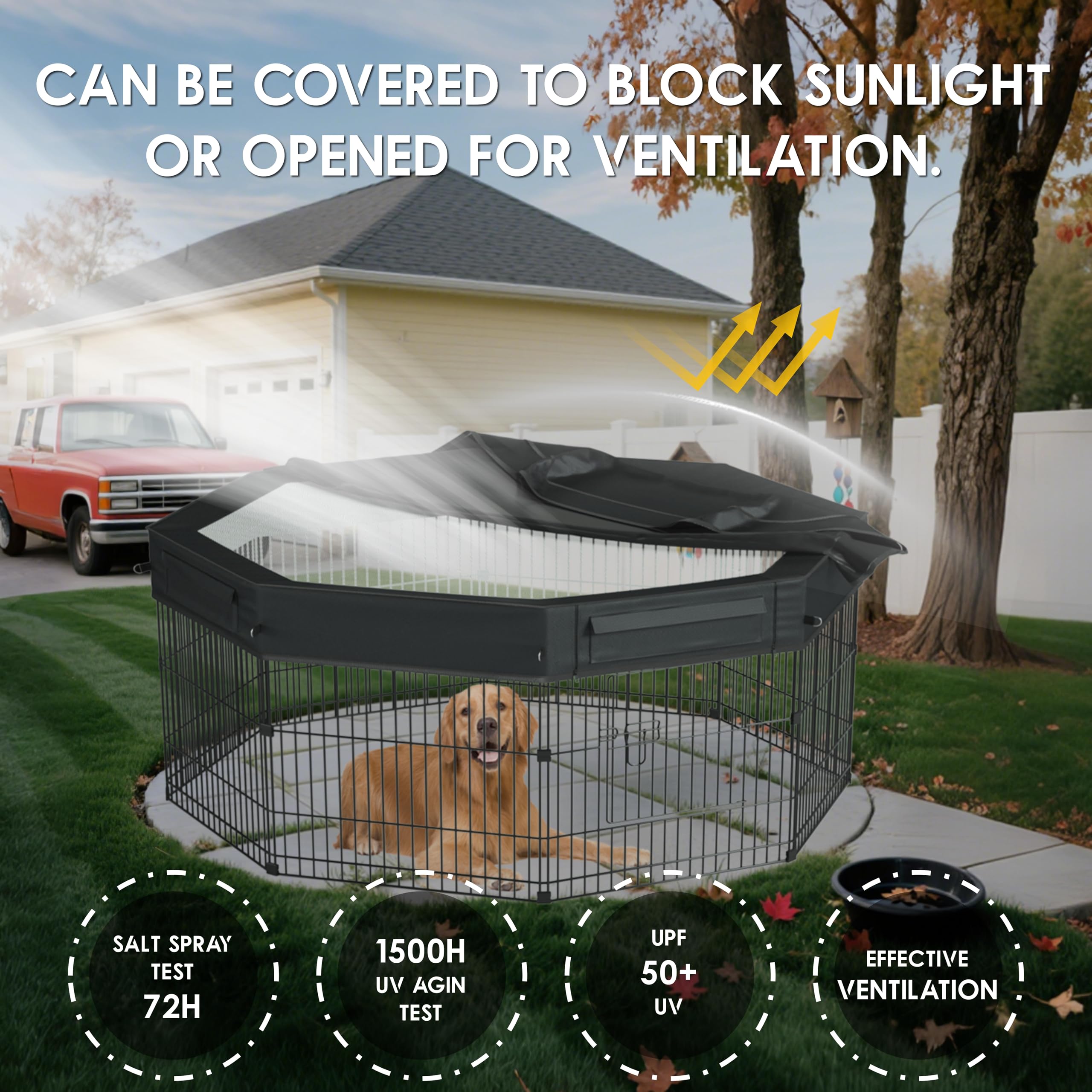 Hunde-Laufgitterabdeckung, verstärkt mit wasserdichtem Sonnenschutzvorhang, 1680D Oxford-Stoff und Nylon-Netz, UV-beständig, passend für 61 cm 8 Paneele, achteckig, nur für 61 cm große